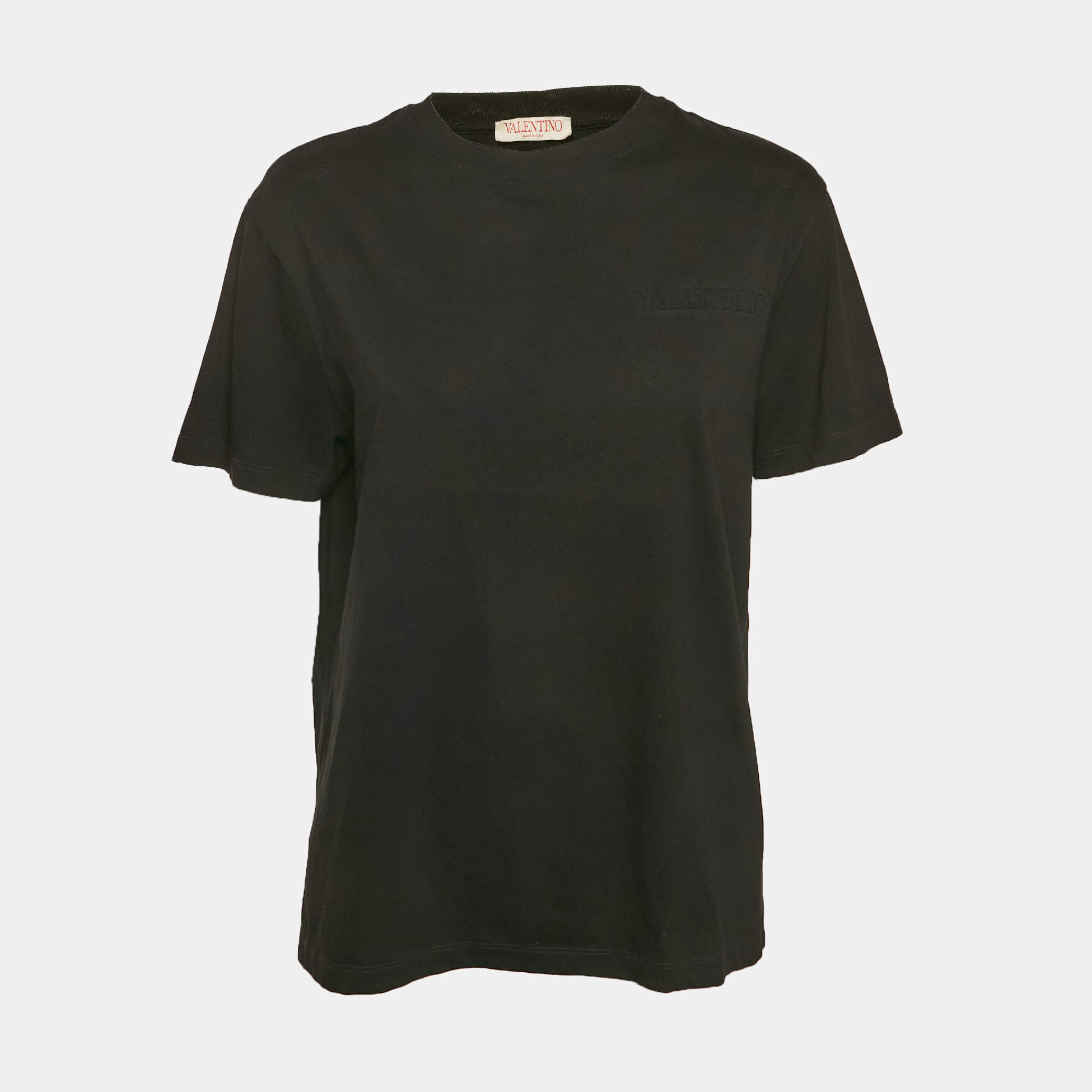 Pre Owned Valentino Black Logo Embossed Jersey Crewneck T-Shirt M