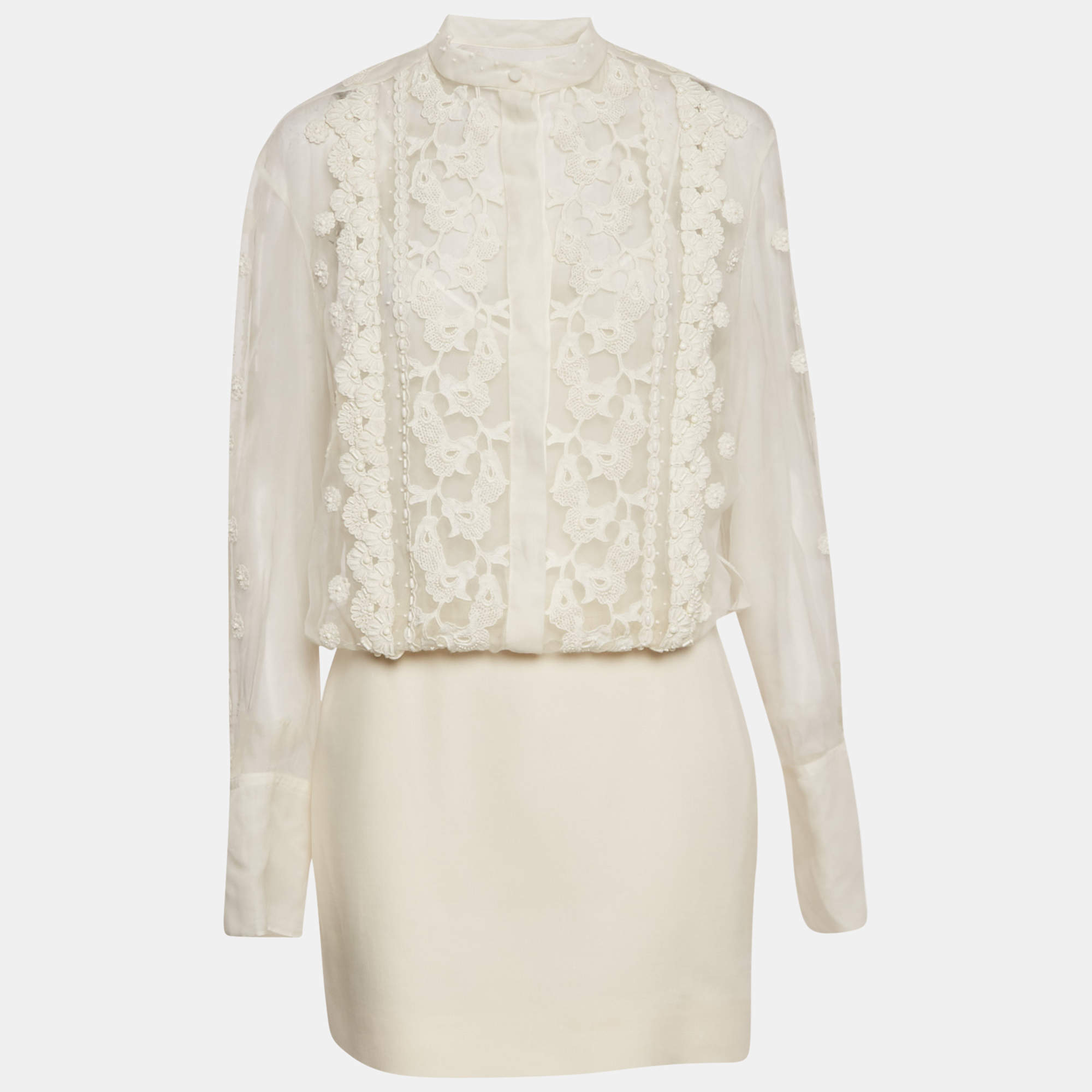 Valentino White Silk and Wool Blend Embellished Lace Detail Mini Dress M