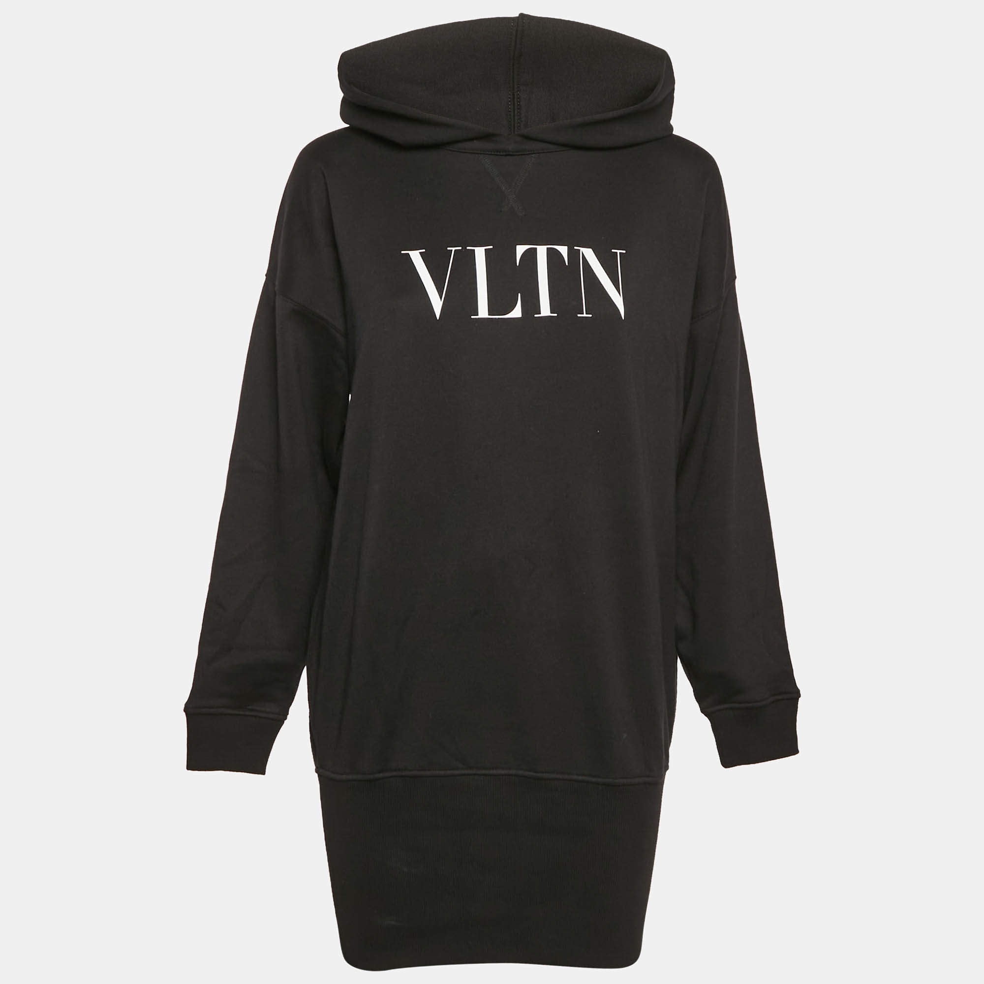 Pre Owned Valentino Black VLTN Print Cotton Hoodie Dress S