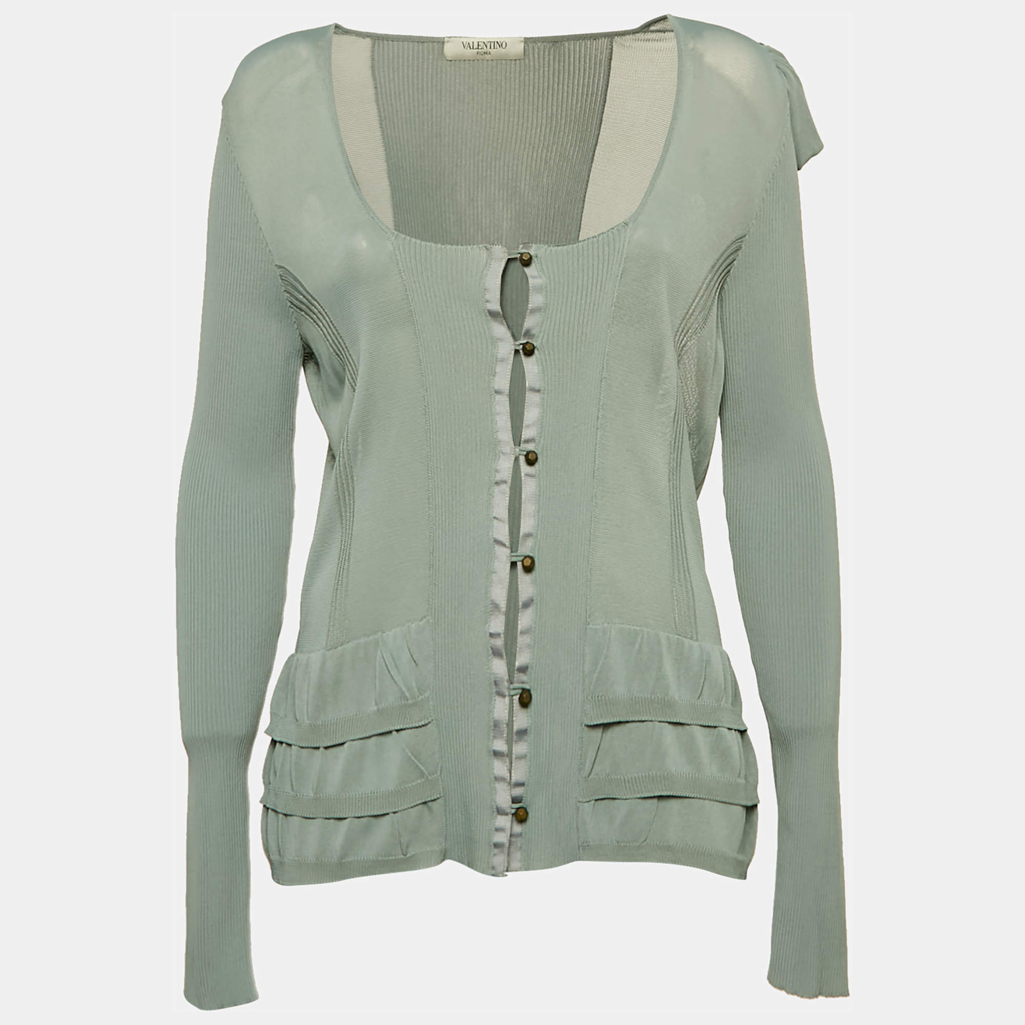 Valentino Blue Jersey Ruffled Button Front Cardigan M