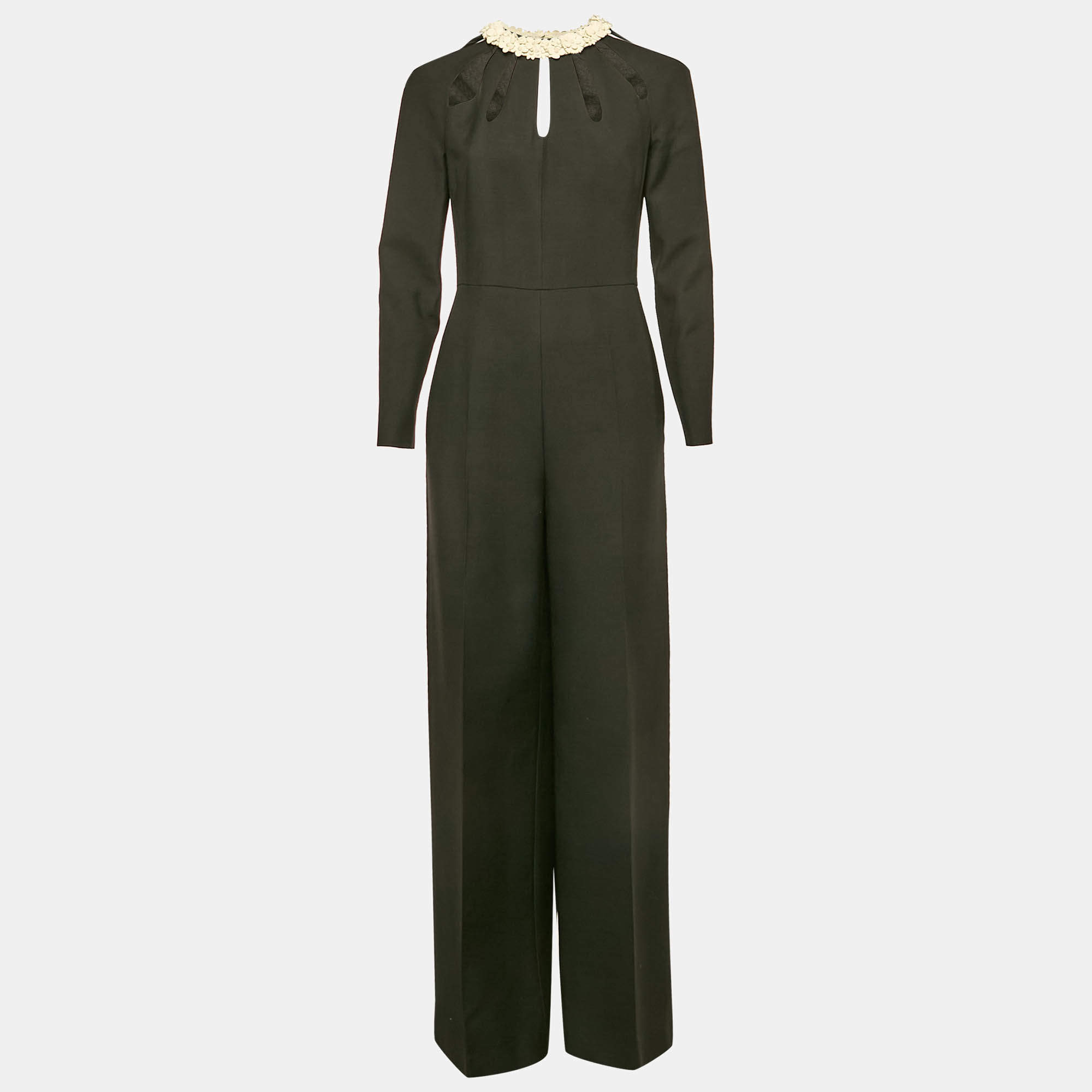 Valentino Black Wool Blend Leather Applique Detail Jumpsuit M 