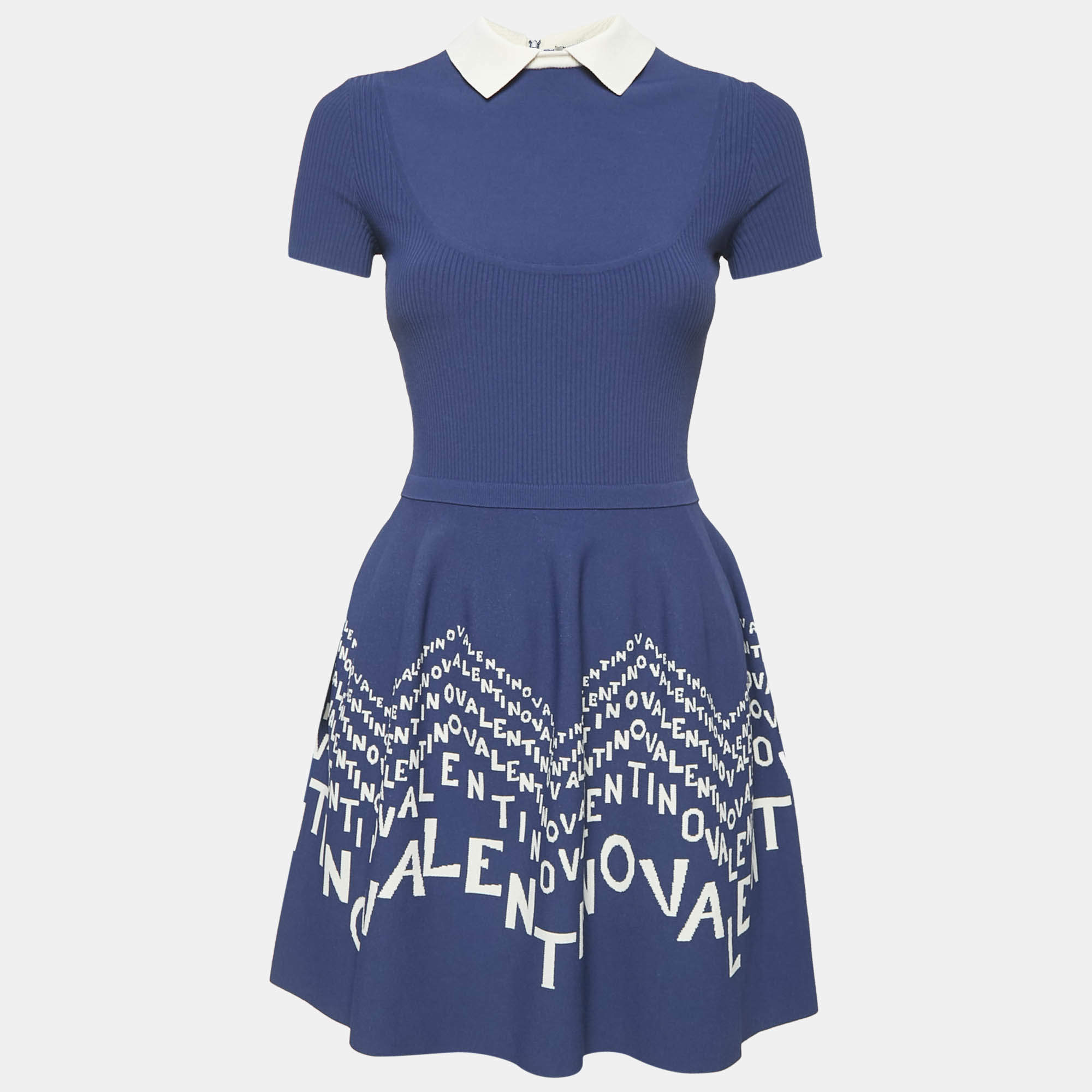 Valentino Blue Logo Jacquard Knit Mini Dress S