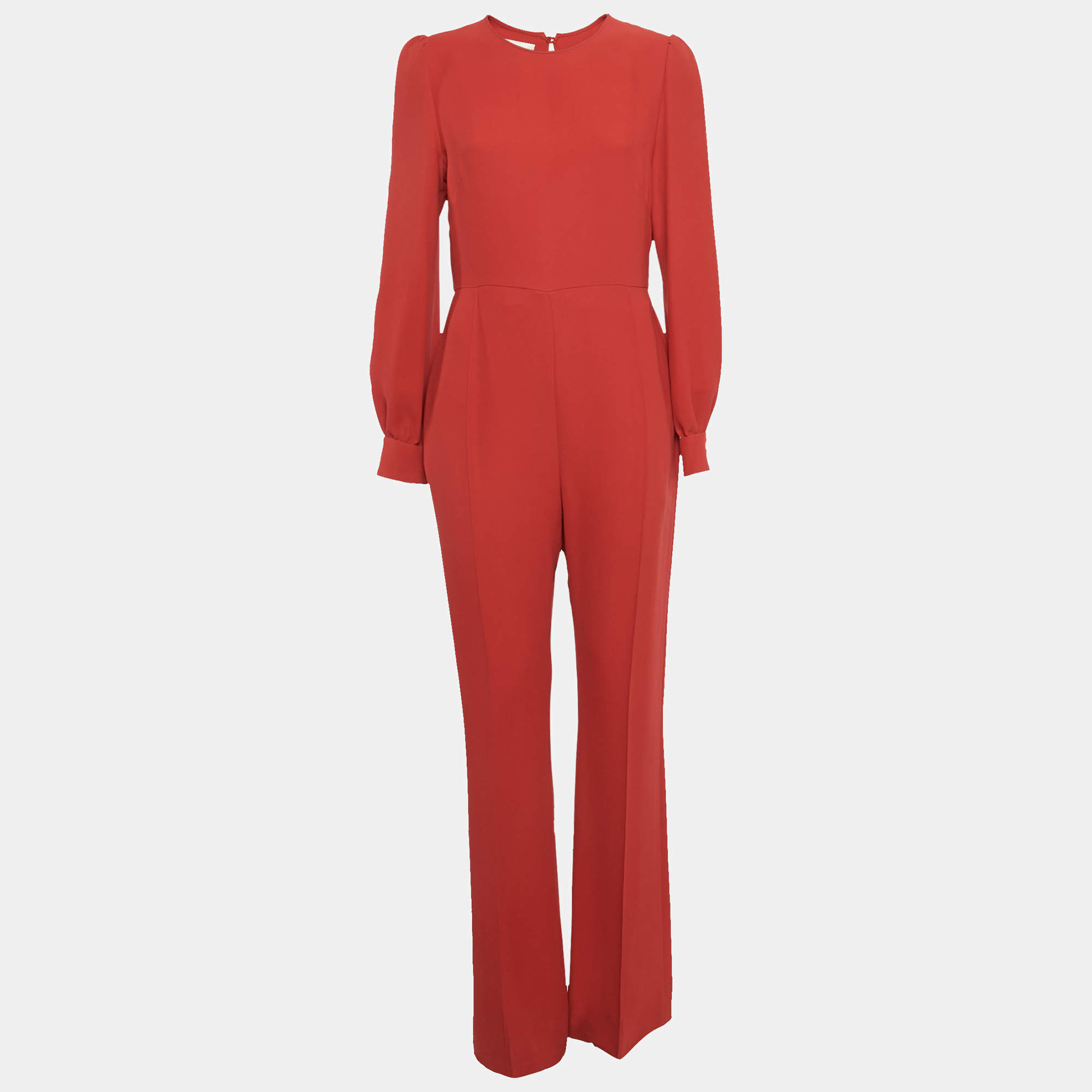 Pre Owned Valentino Red Silk Long Sleeve Jumpsuit L
