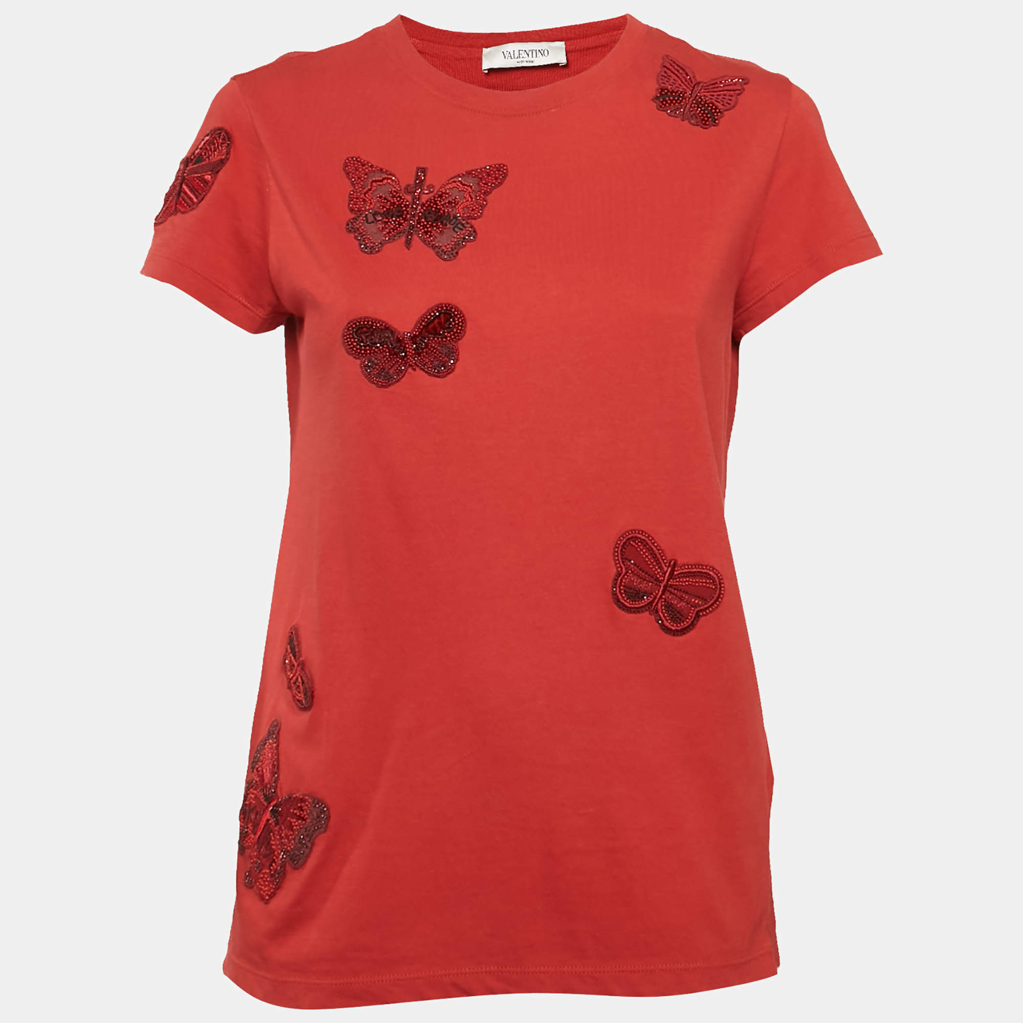 Valentino Red Cotton Butterfly Appliqued T-Shirt S 