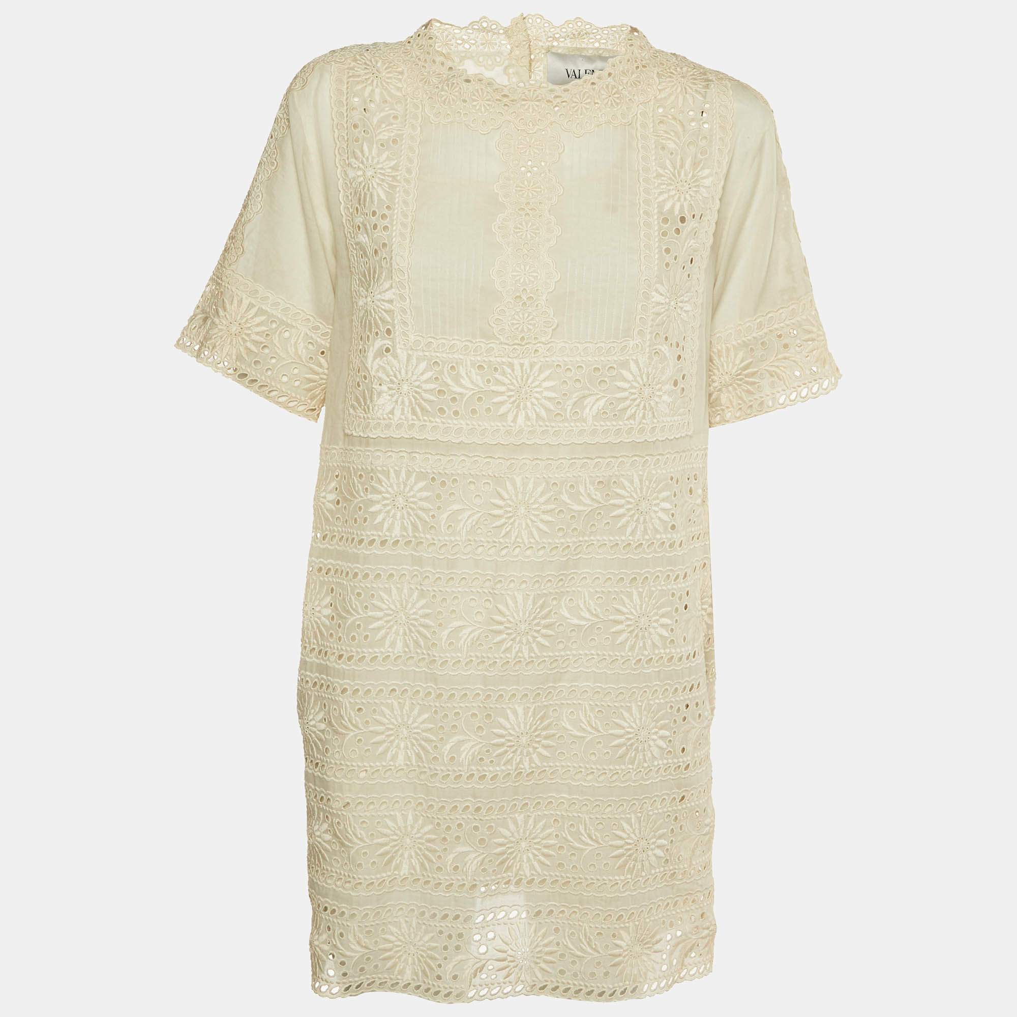 Pre Owned Valentino Cream Eyelet Lace Cotton Shift Dress S