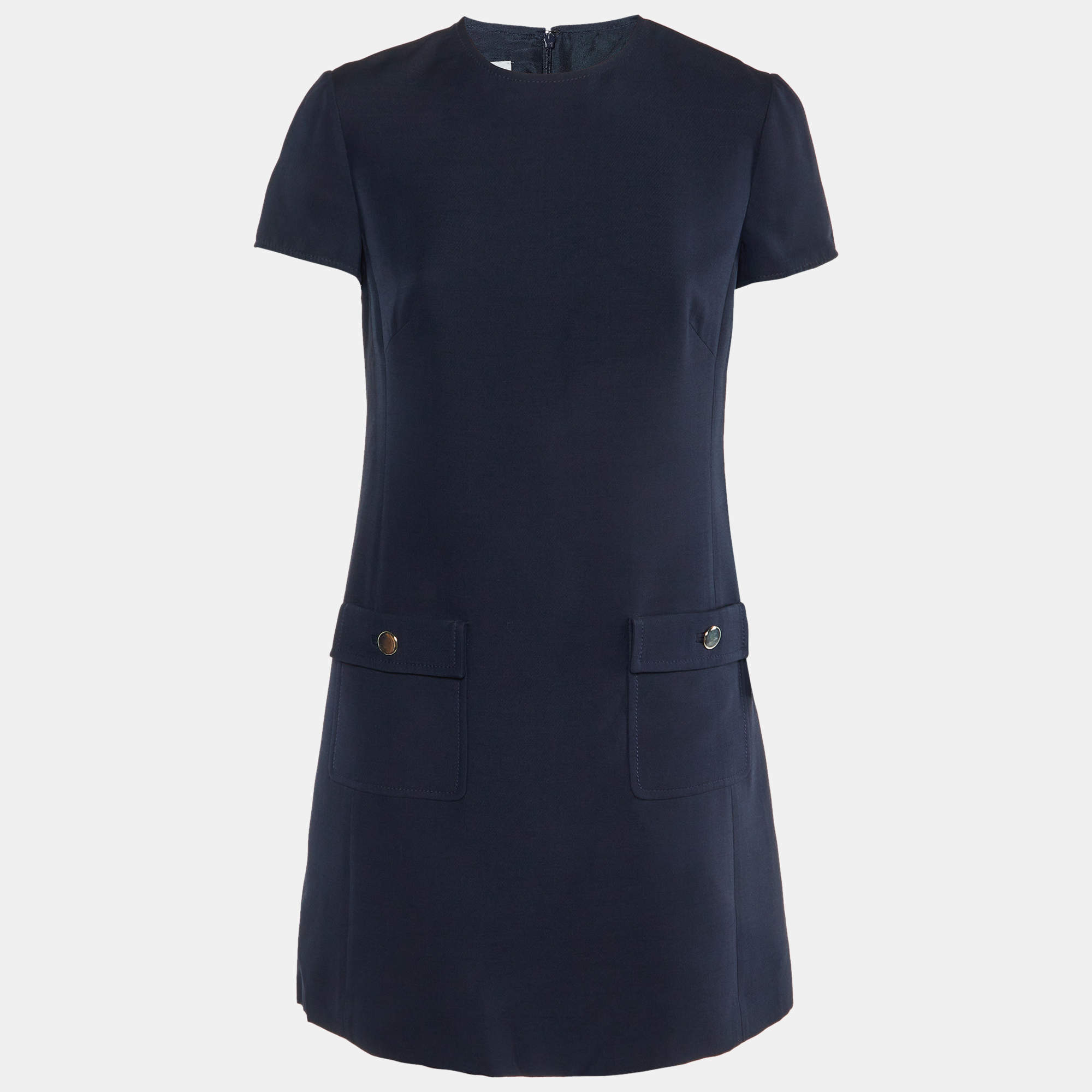 Pre Owned Valentino Navy Blue Wool & Silk Shift Dress M