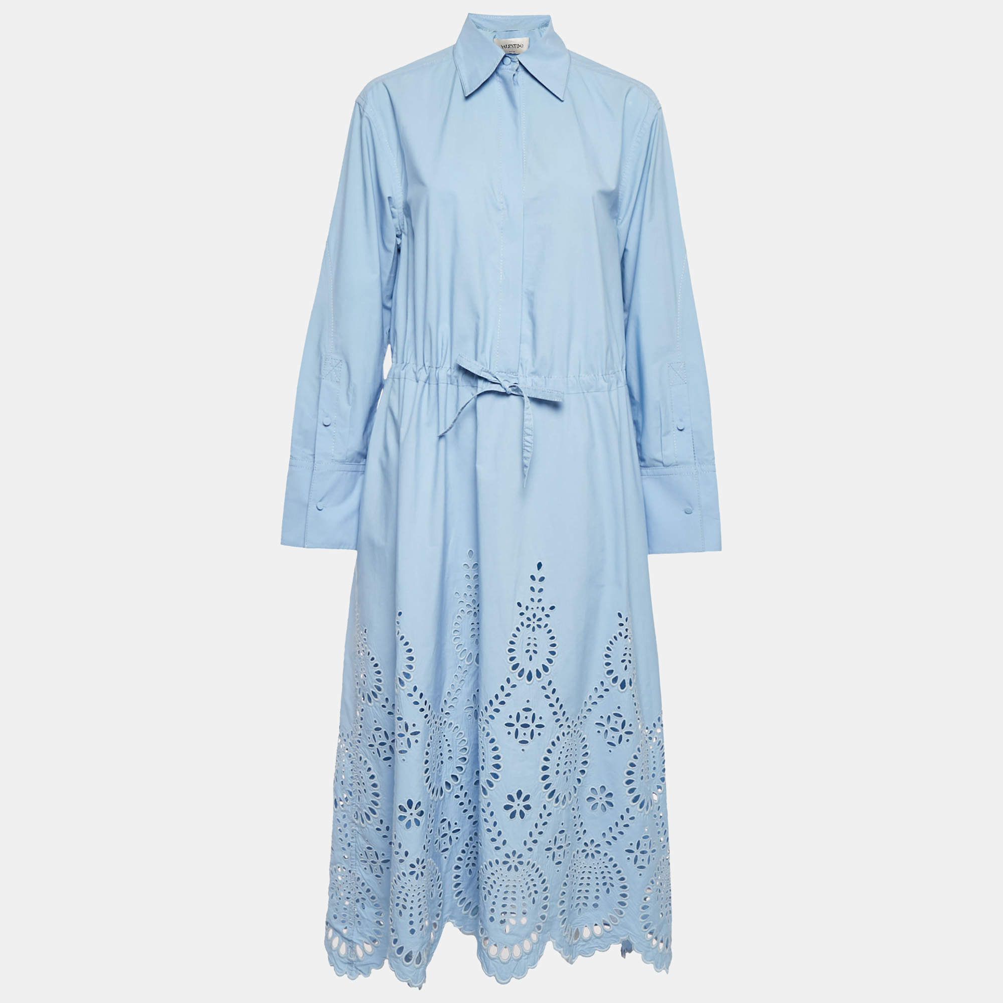 Pre Owned Valentino Blue Broderie Anglaise Cotton Long Sleeve Dress S