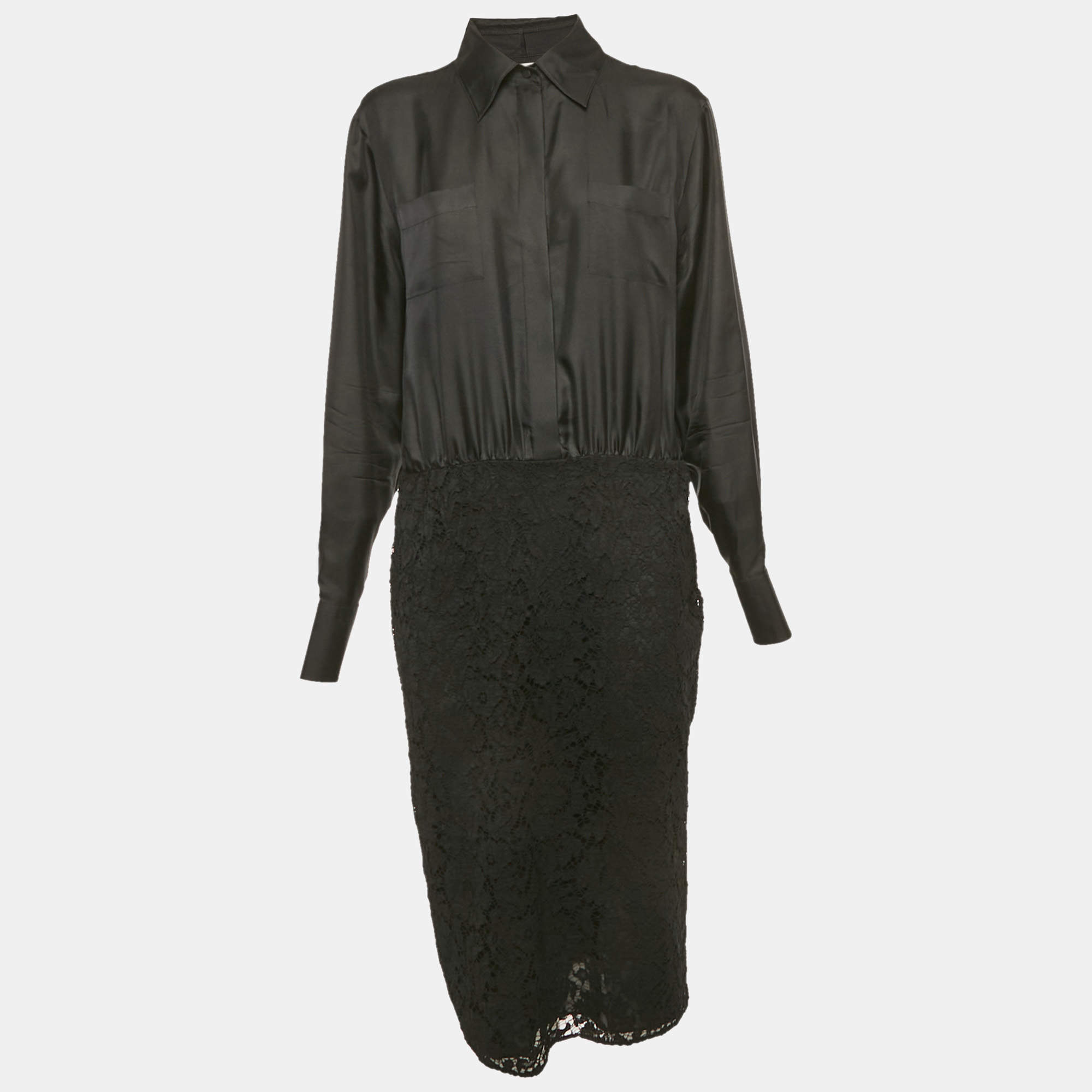 Pre Owned Valentino Black Lace and Satin Long Sleeve Midi Dress L