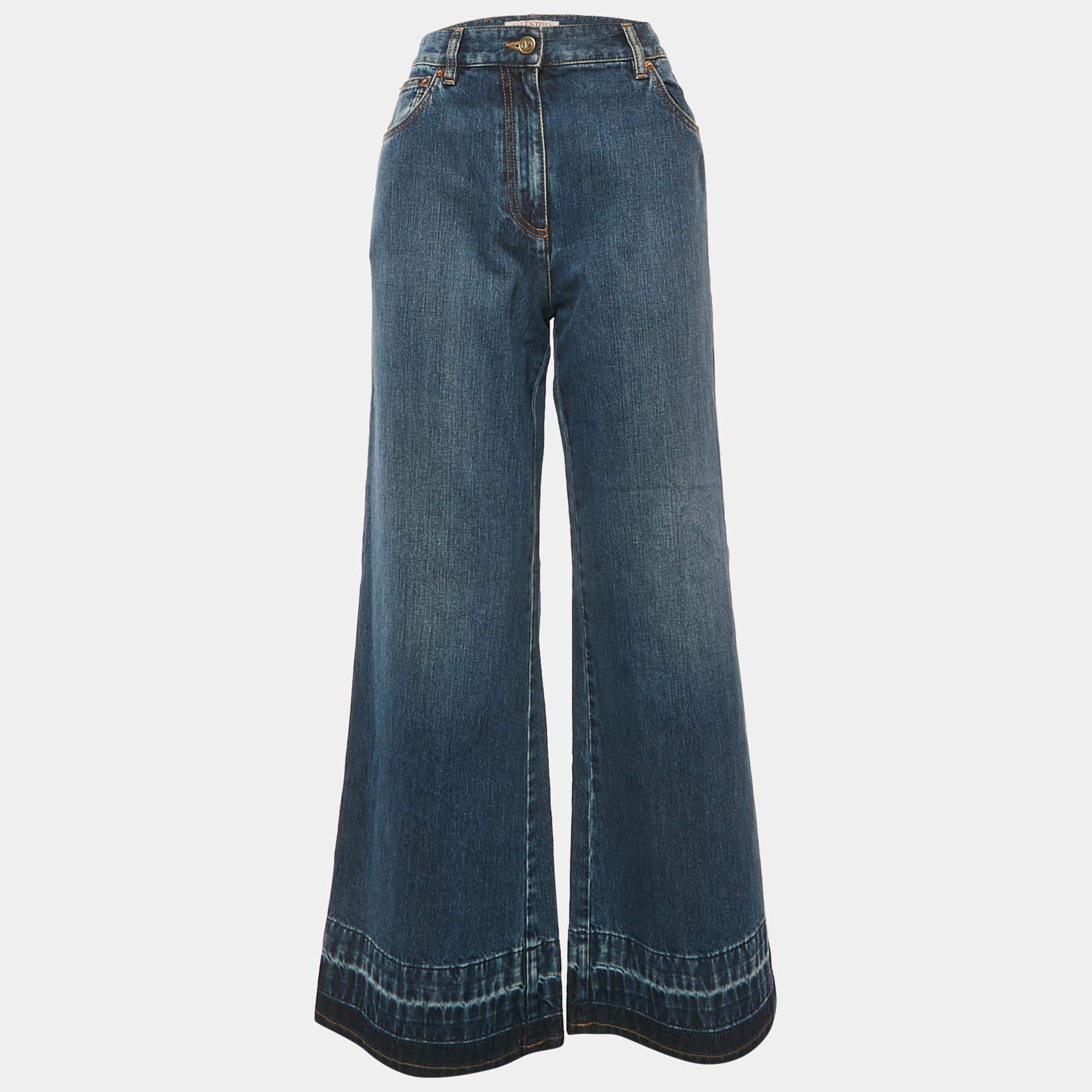 Pre Owned Valentino Blue Denim V Embellished Wide-Leg Jeans M Waist 29"