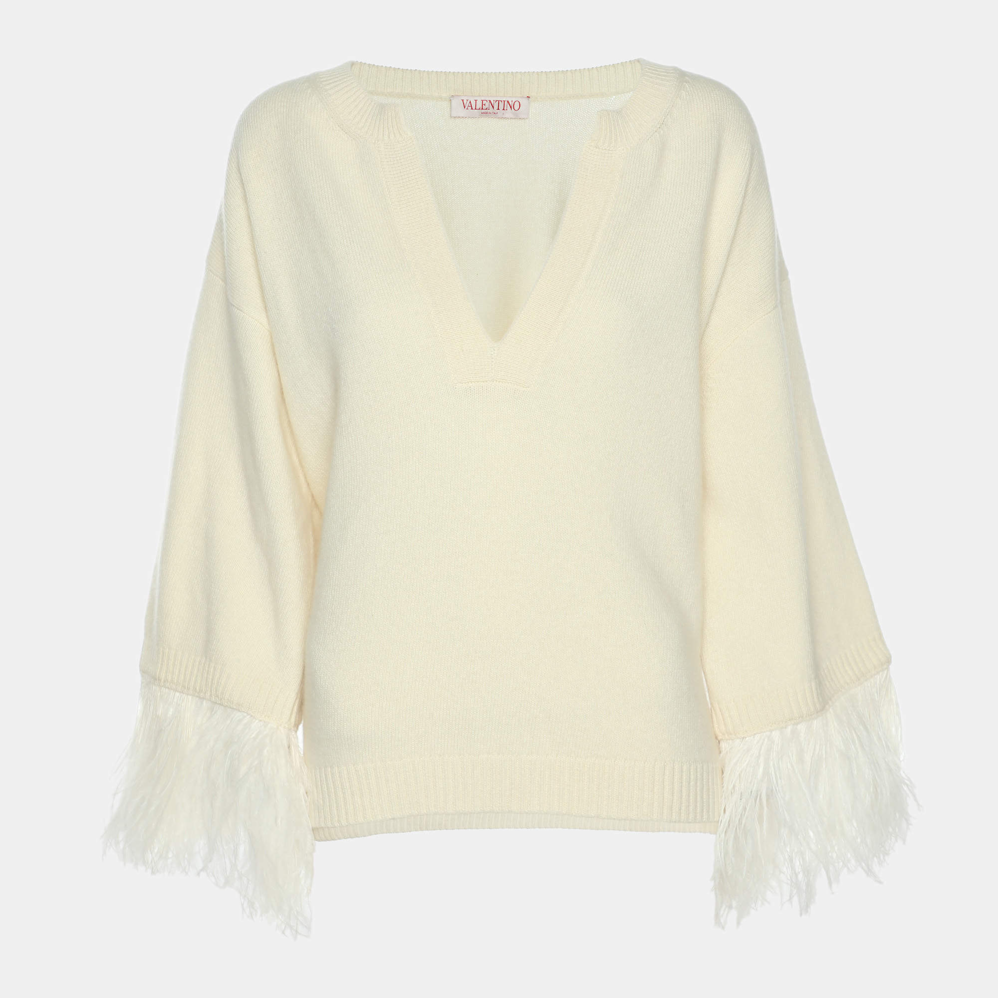 Pre Owned Valentino Cream Wool Blend and Ostrich Feather Pullover M
