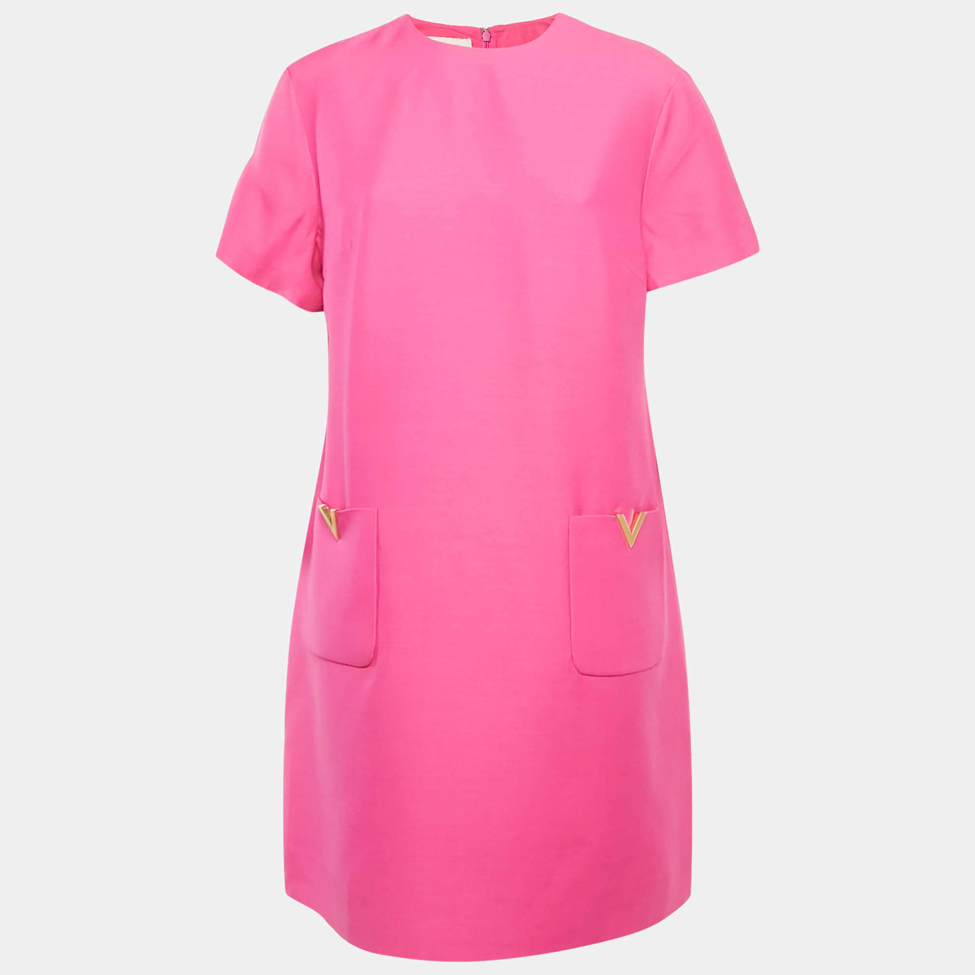 Pre Owned Valentino Pink Wool Blend V Metal Detail Shift Dress L