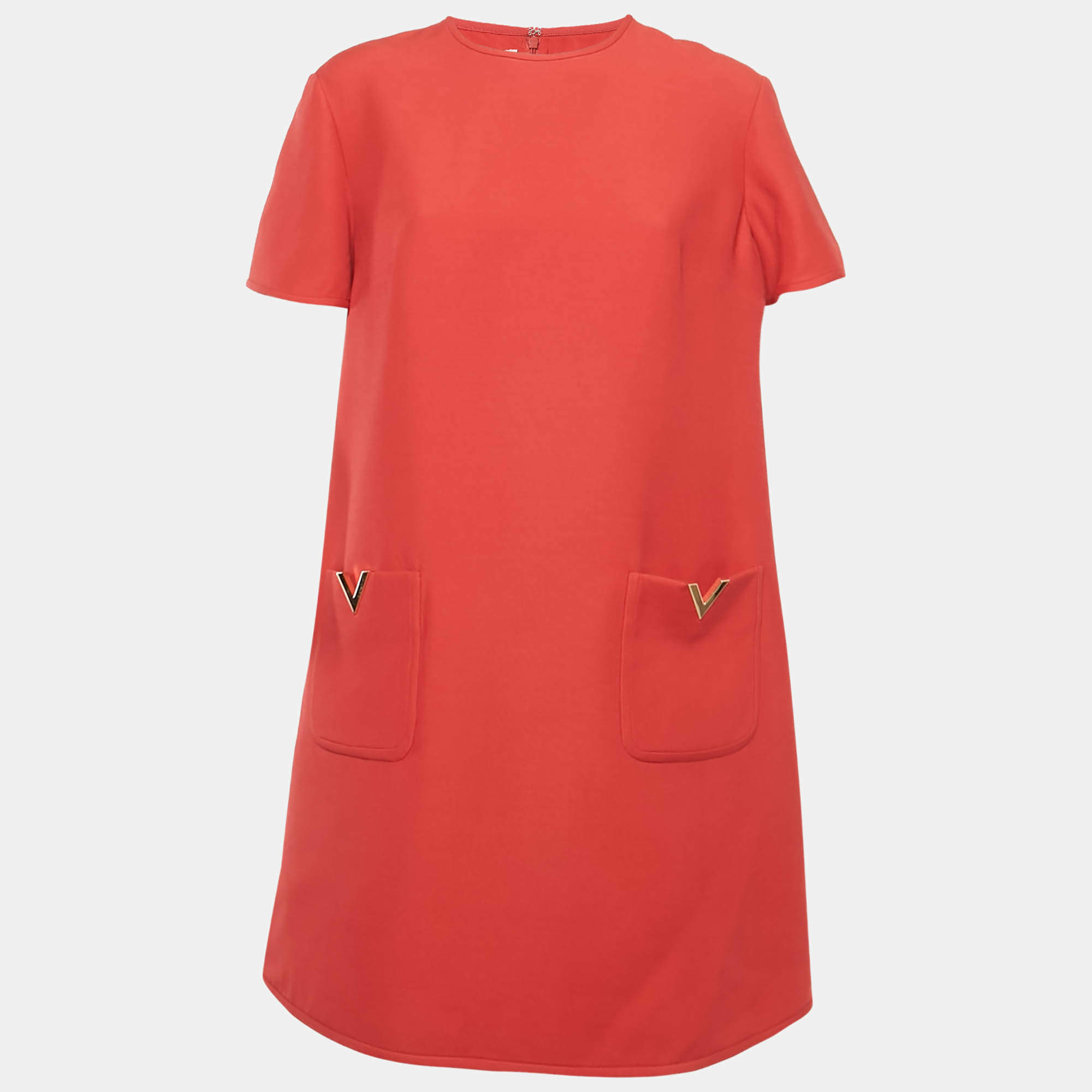 Pre Owned Valentino Red Wool Blend V Metal Detail Shift Dress L