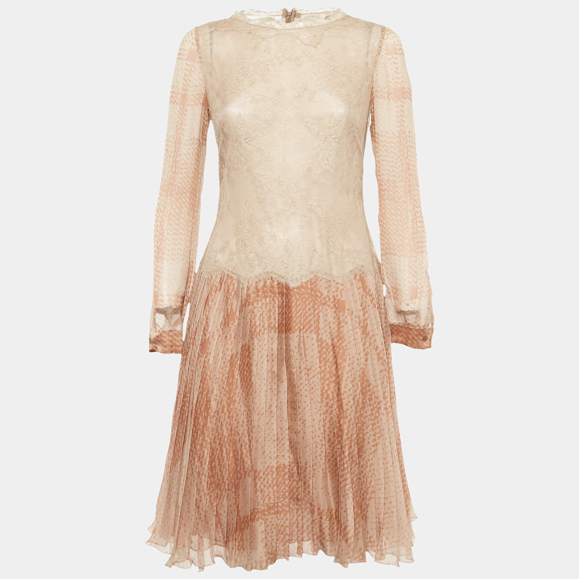 Pre Owned Valentino Beige Silk Pleated Short Dress M