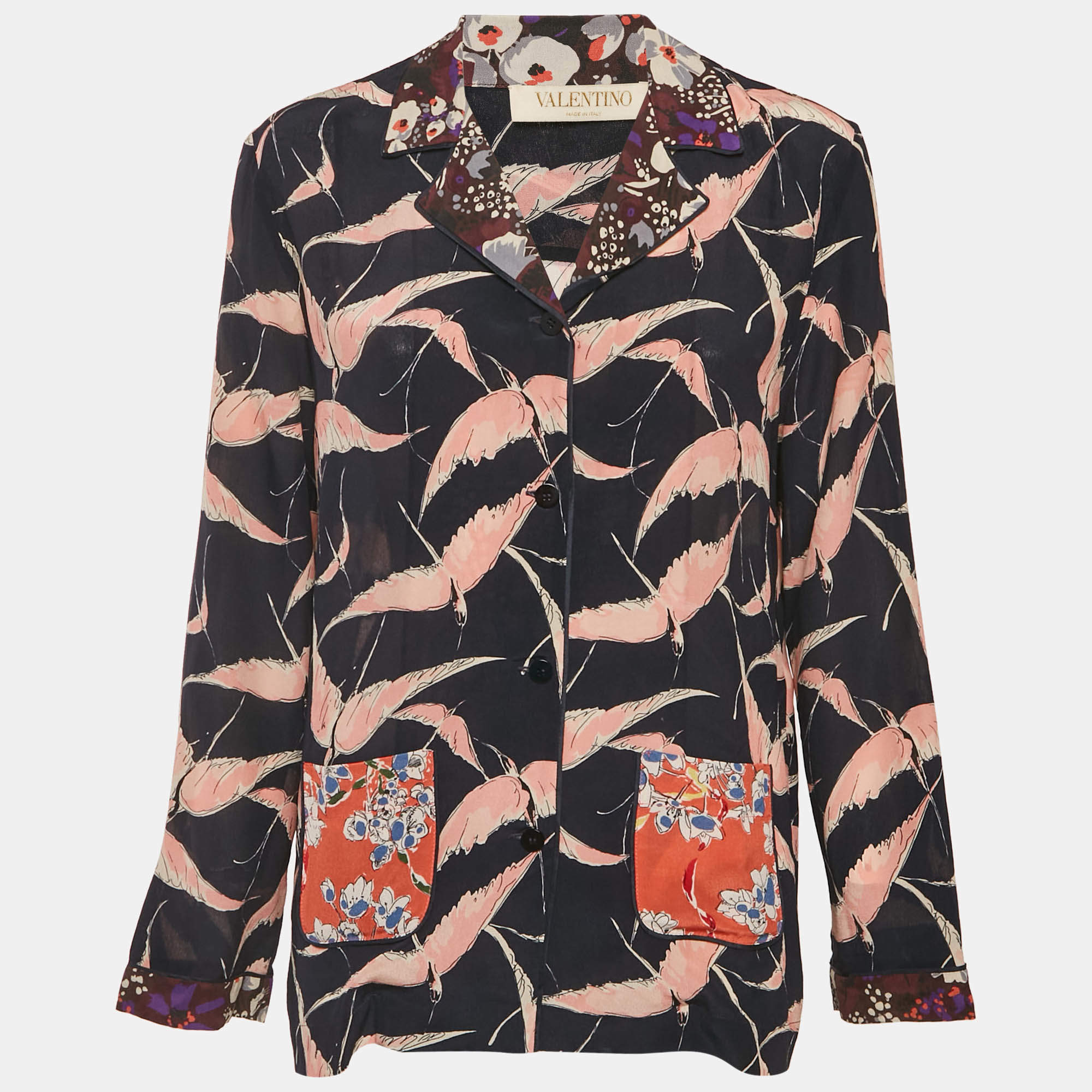 مملوكة مسبقًا قميص فالنتينو حرير أزرار أمامية بطبعة طيور أسود مقاس صغير