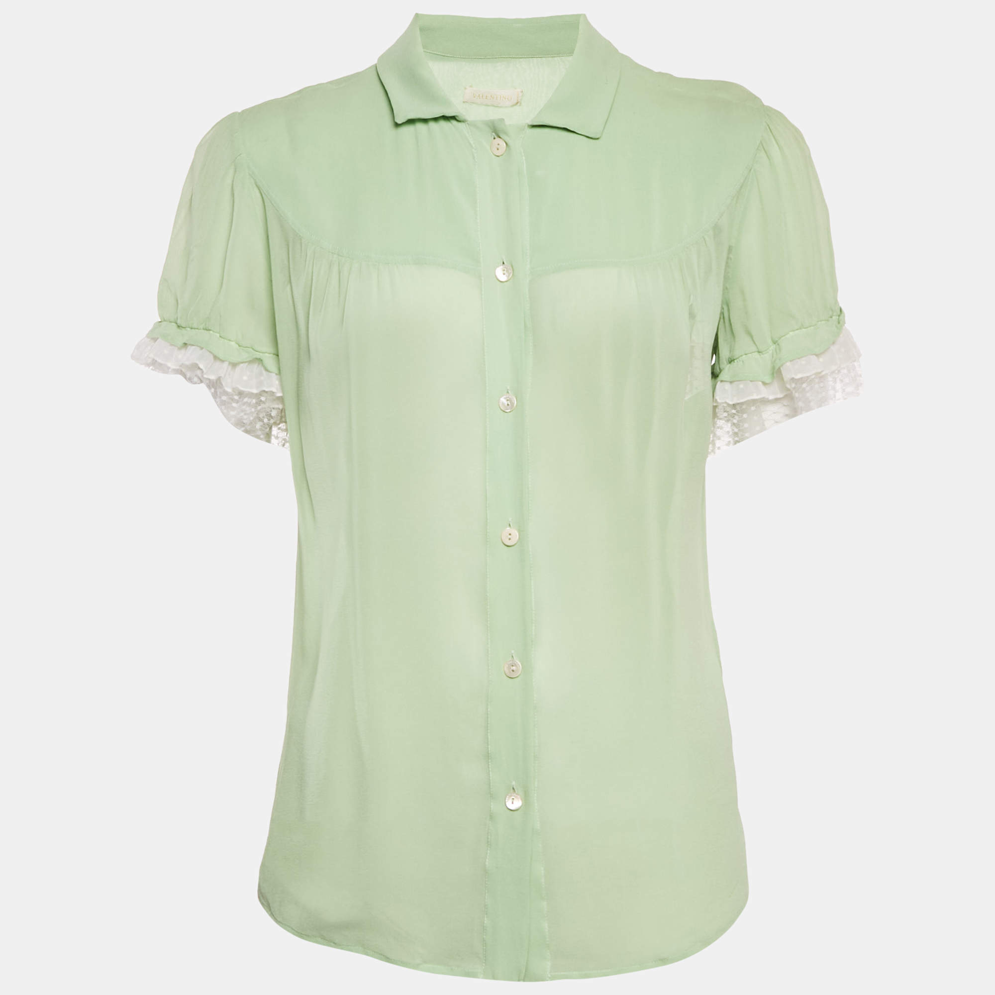 Pre Owned Valentino Green Silk Ruffled Button Front Blouse M