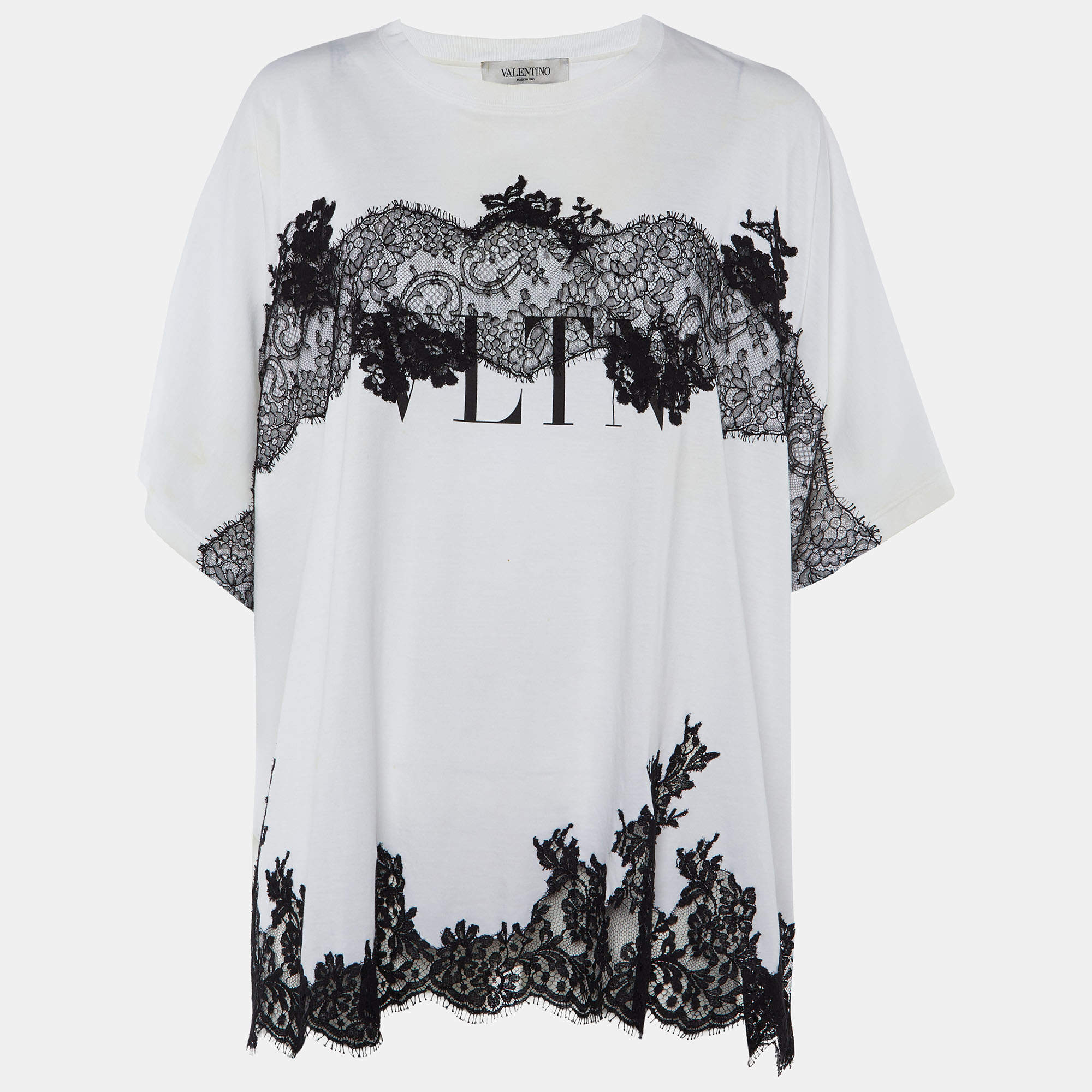 Pre Owned Valentino White Cotton Knit & Black Lace Paneled Oversized T-Shirt M