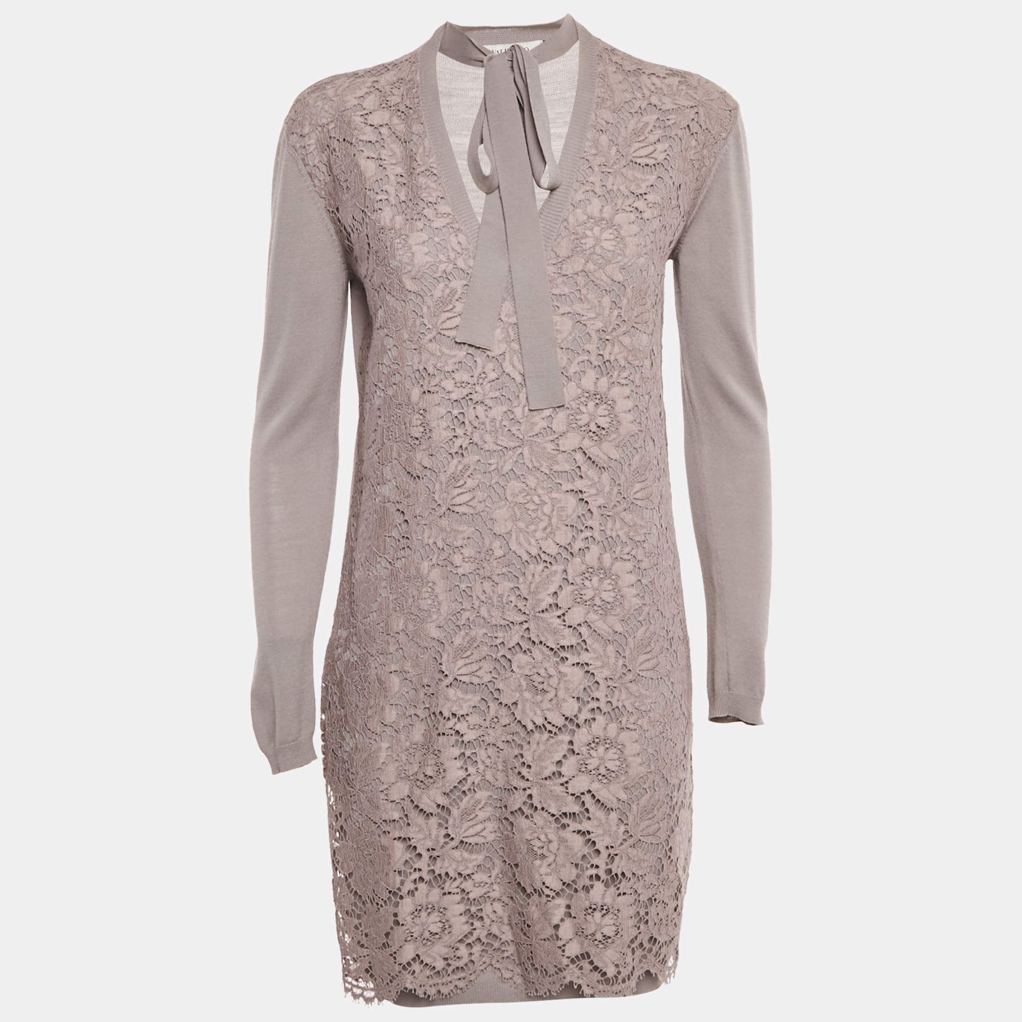 Pre Owned Valentino Mauve Lace and Knit V-Neck Sweater Dress S