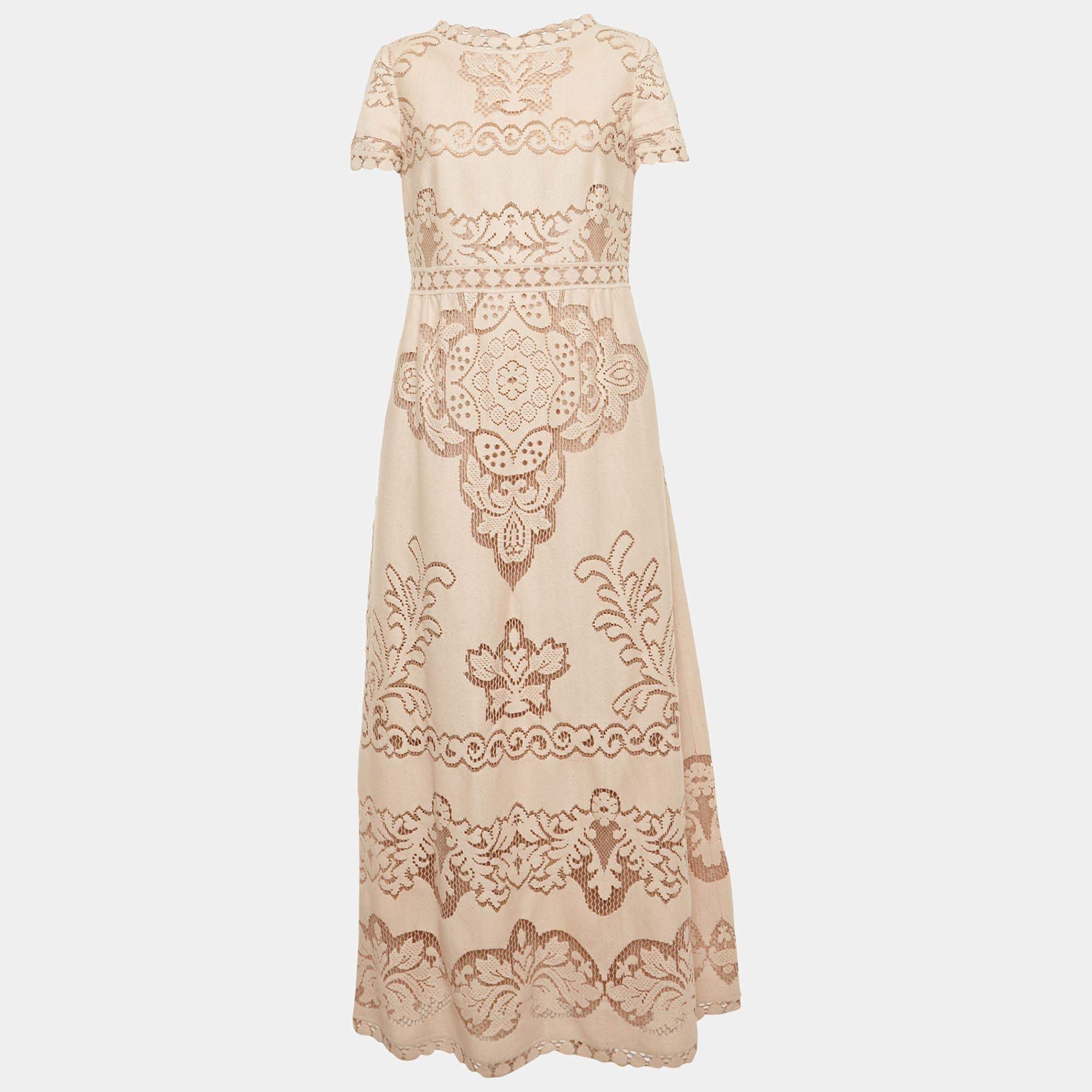 Pre Owned Valentino Pink Patterned Lace Maxi Dress L
