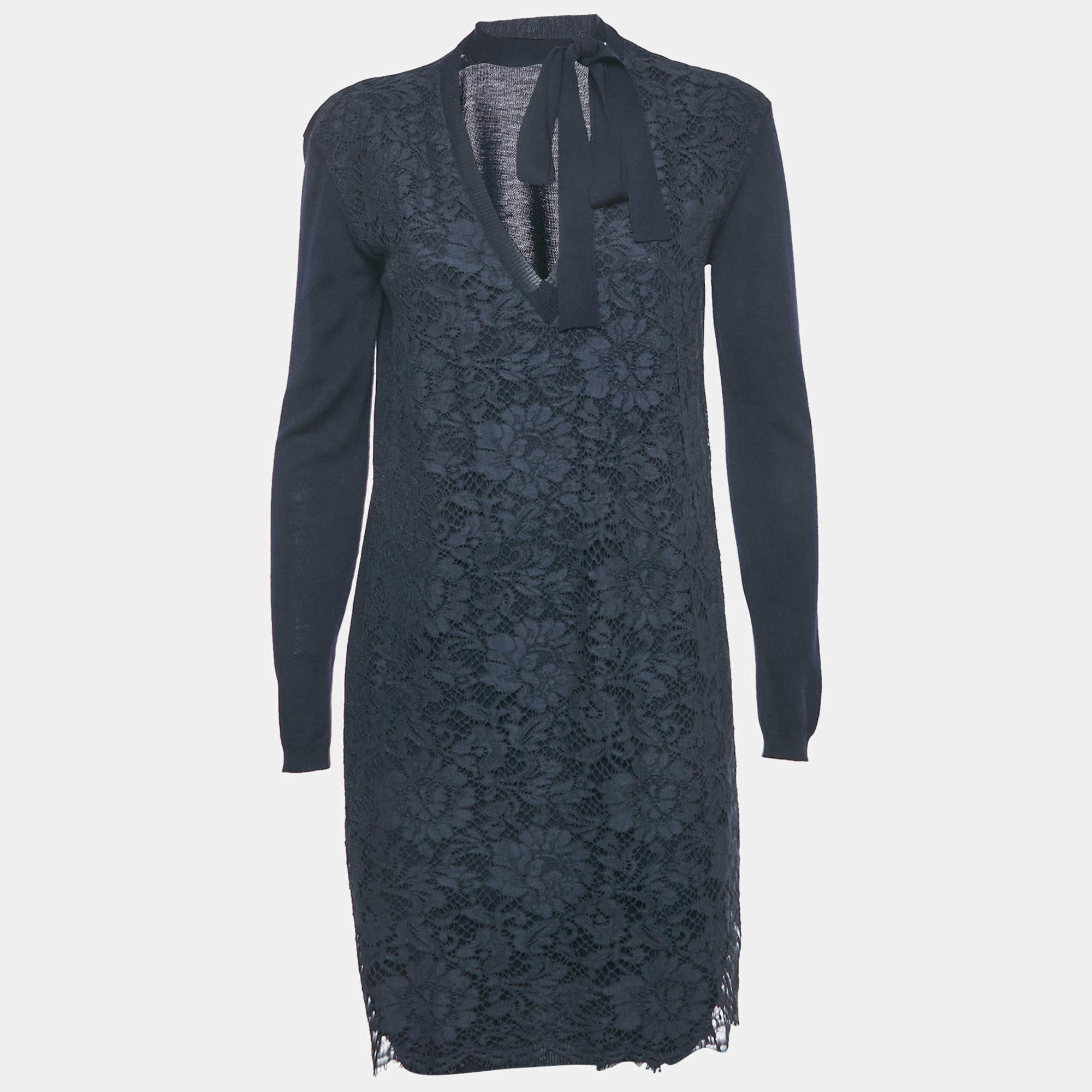 Pre Owned Valentino Navy Blue Lace and Knit Mini Dress S