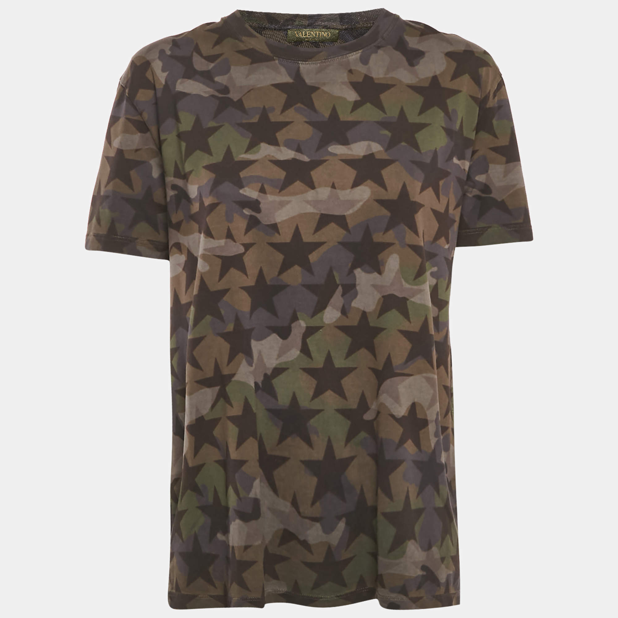 Pre Owned Valentino Green Stars Print Jersey Crewneck T-Shirt S