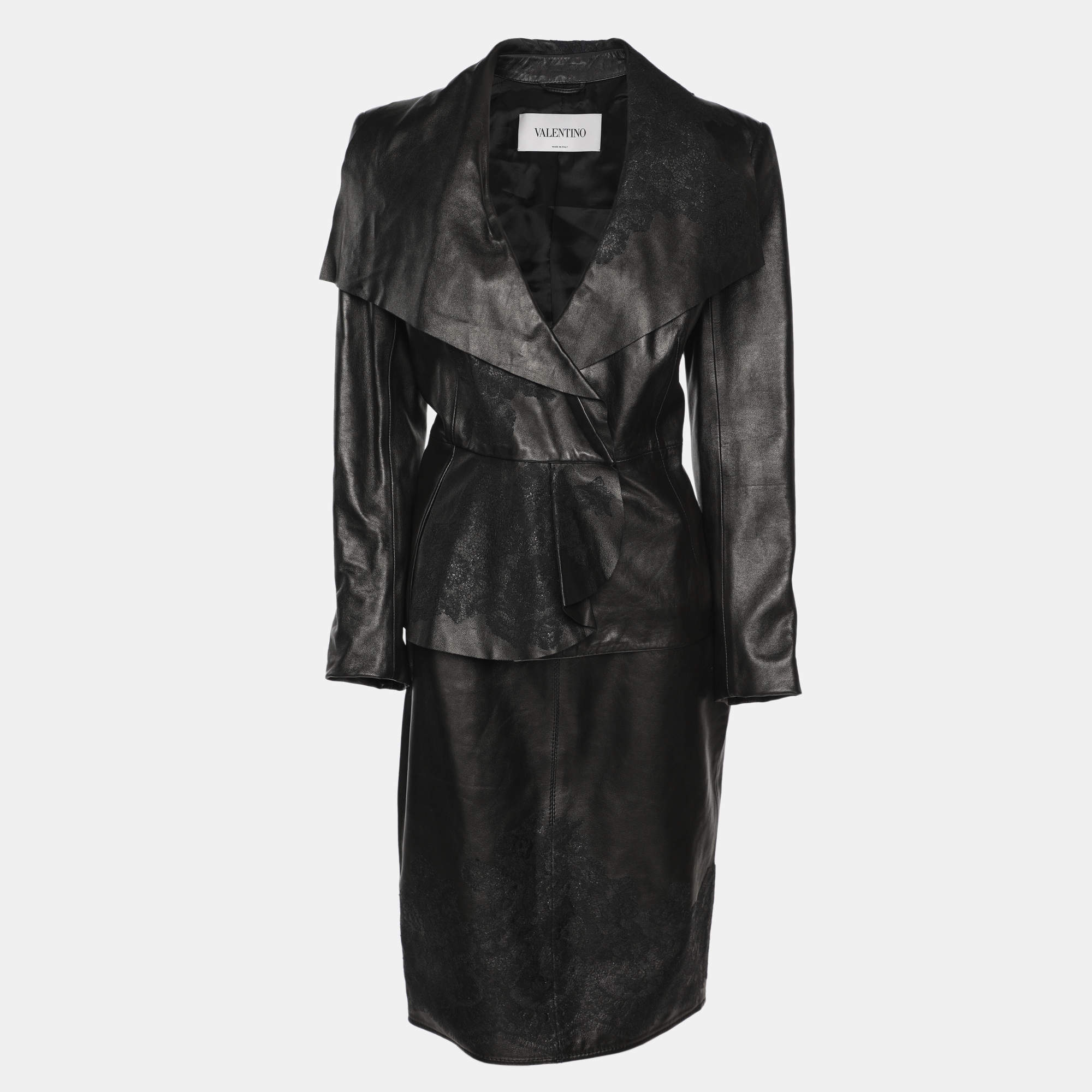 Pre Owned Valentino Black Leather Lace Trimmed Jacket Skirt Set L/M