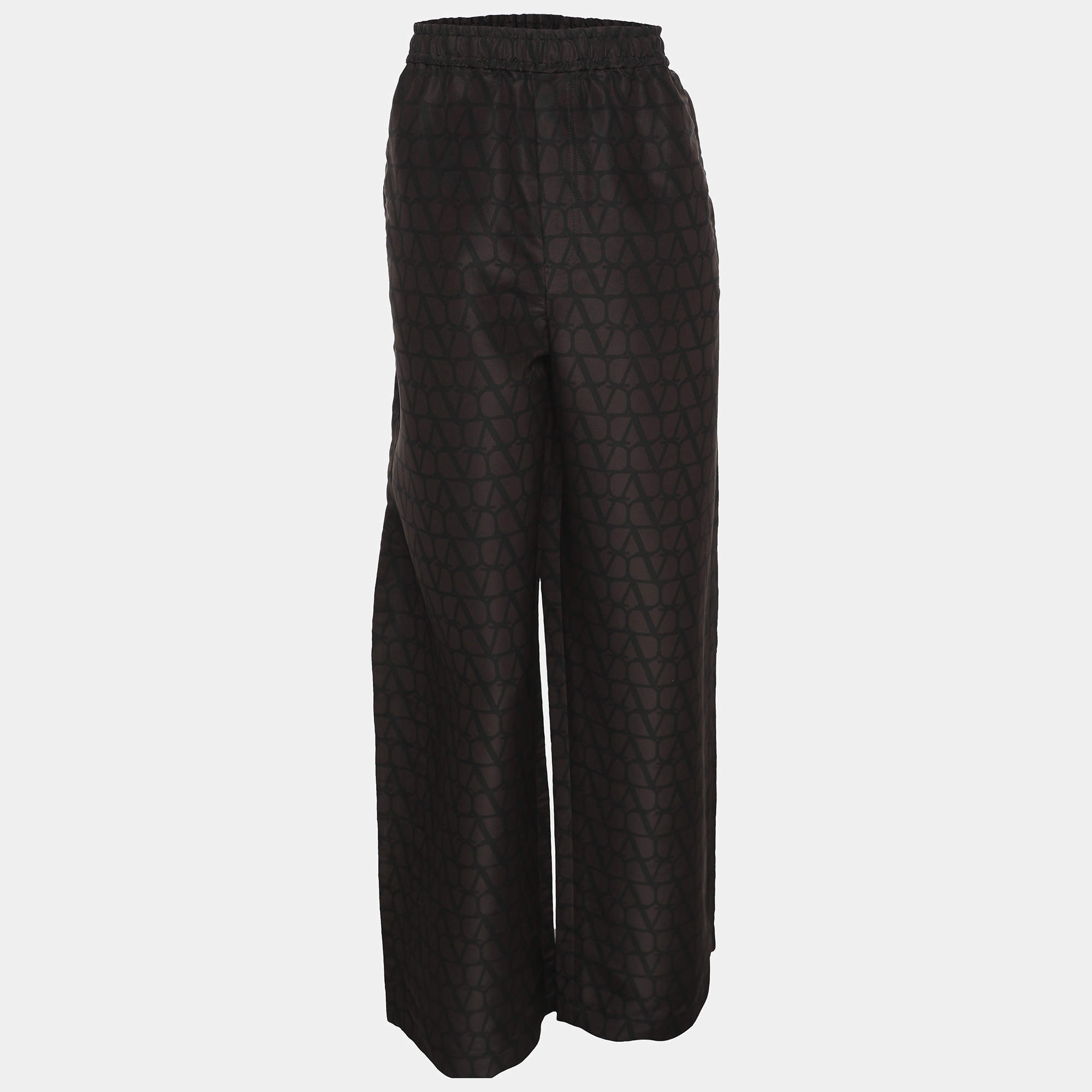 Pre Owned Valentino Black/Brown Logo Print Silk Wide Leg Trousers L