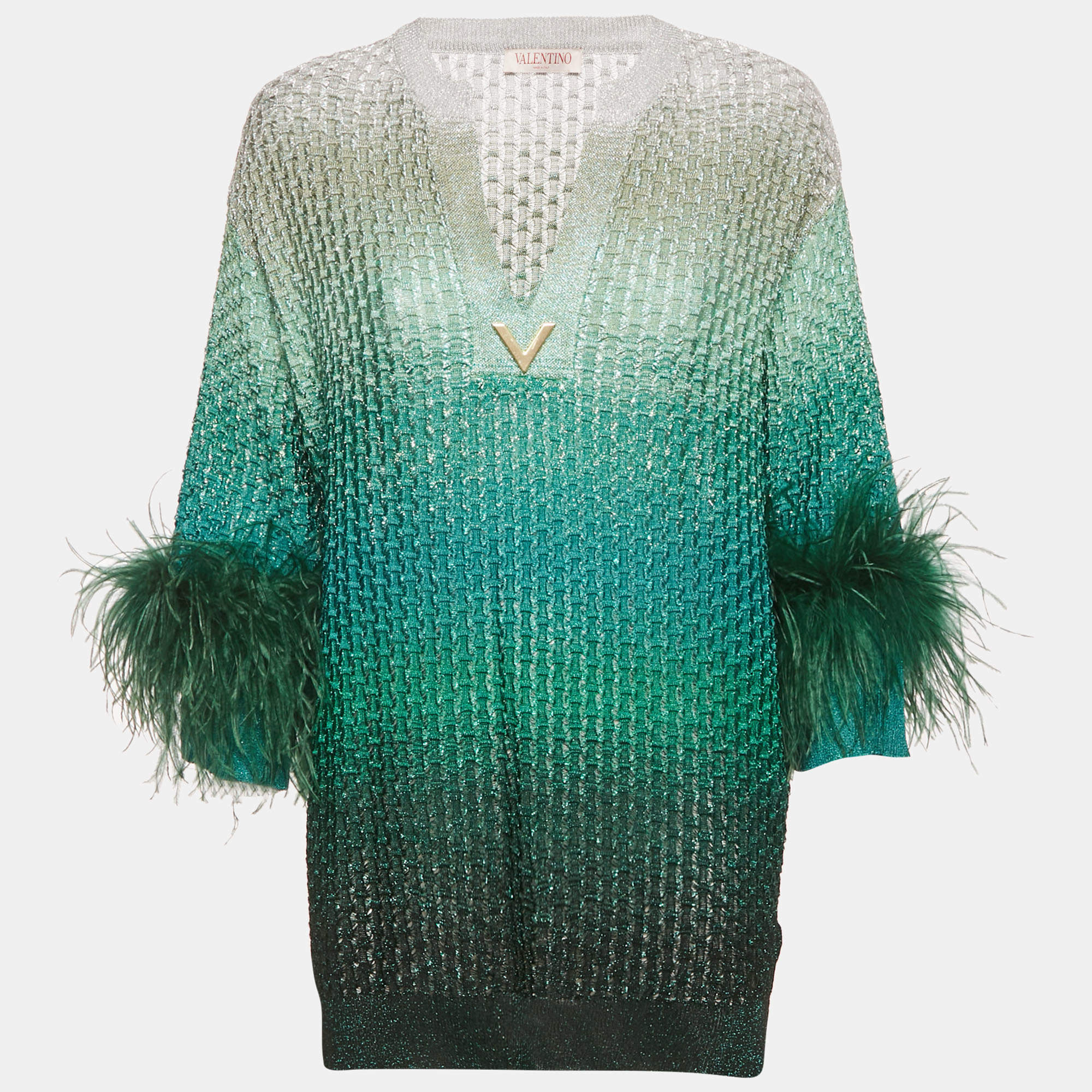 Pre Owned Valentino Green Ombre Ostrich Feather Trim Lurex Knit Mini Dress XS