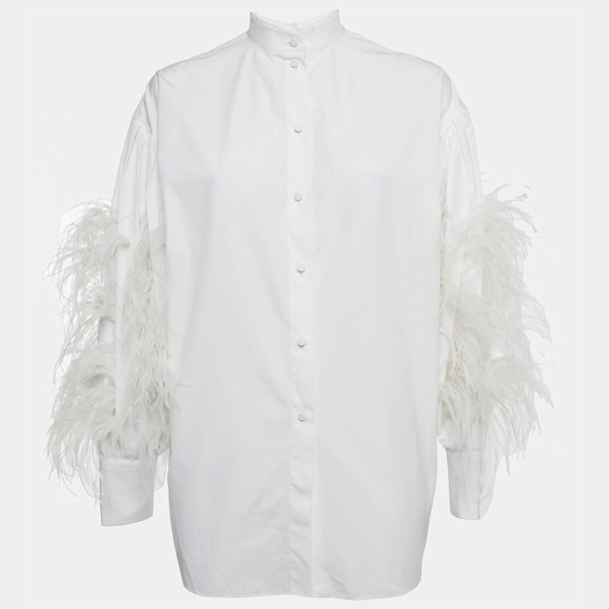 Pre Owned Valentino White Ostrich Feather Trim Cotton Oversized Shirt S