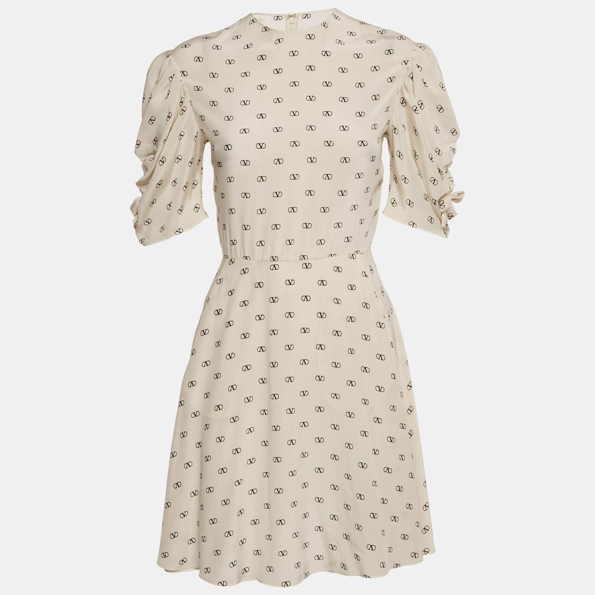 Pre Owned Valentino Cream Logo Print Silk Gathered Sleeve Mini Dress S