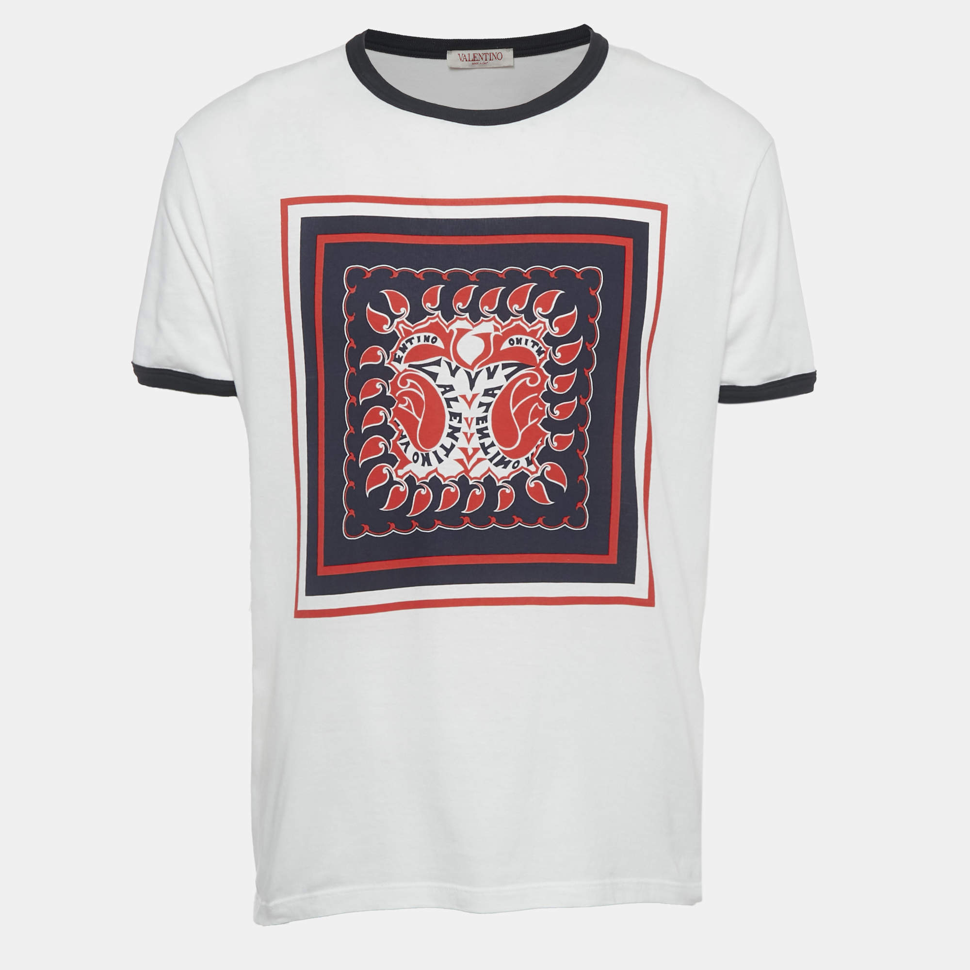 Pre Owned Valentino White Archive Manifesto Bandana Print Crew Neck T-Shirt L