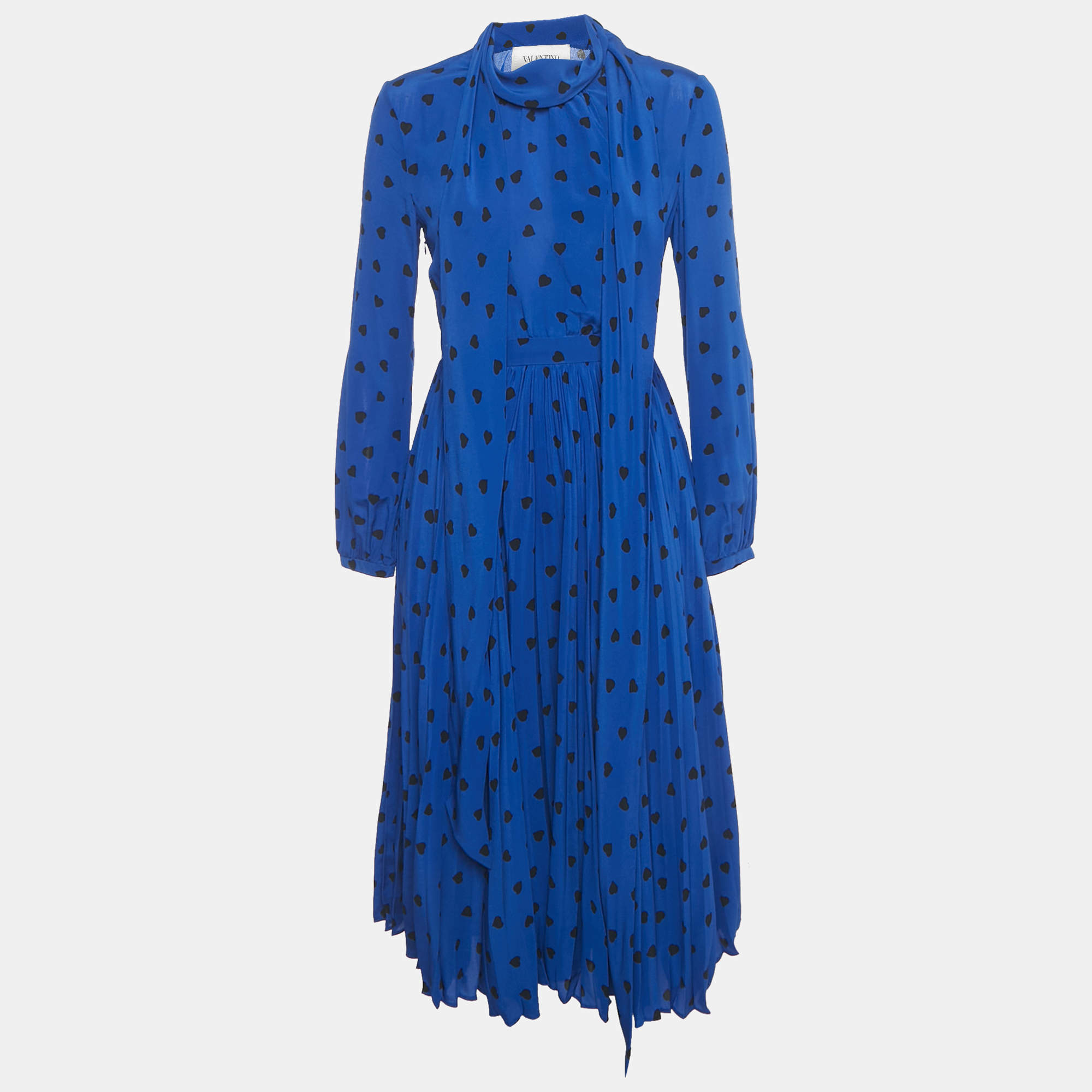 Pre Owned Valentino Blue Heart Print Silk Pleated Midi Dress S