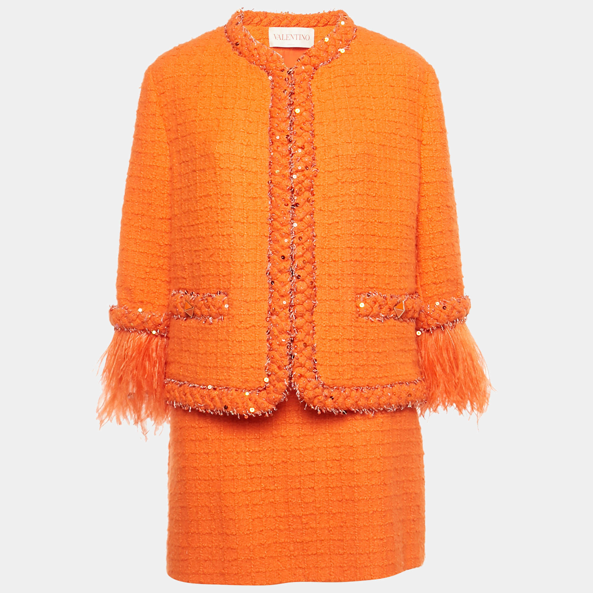 Pre Owned Valentino Orange Embellished Tweed Open Front Jacket & Skirt Set S/M 