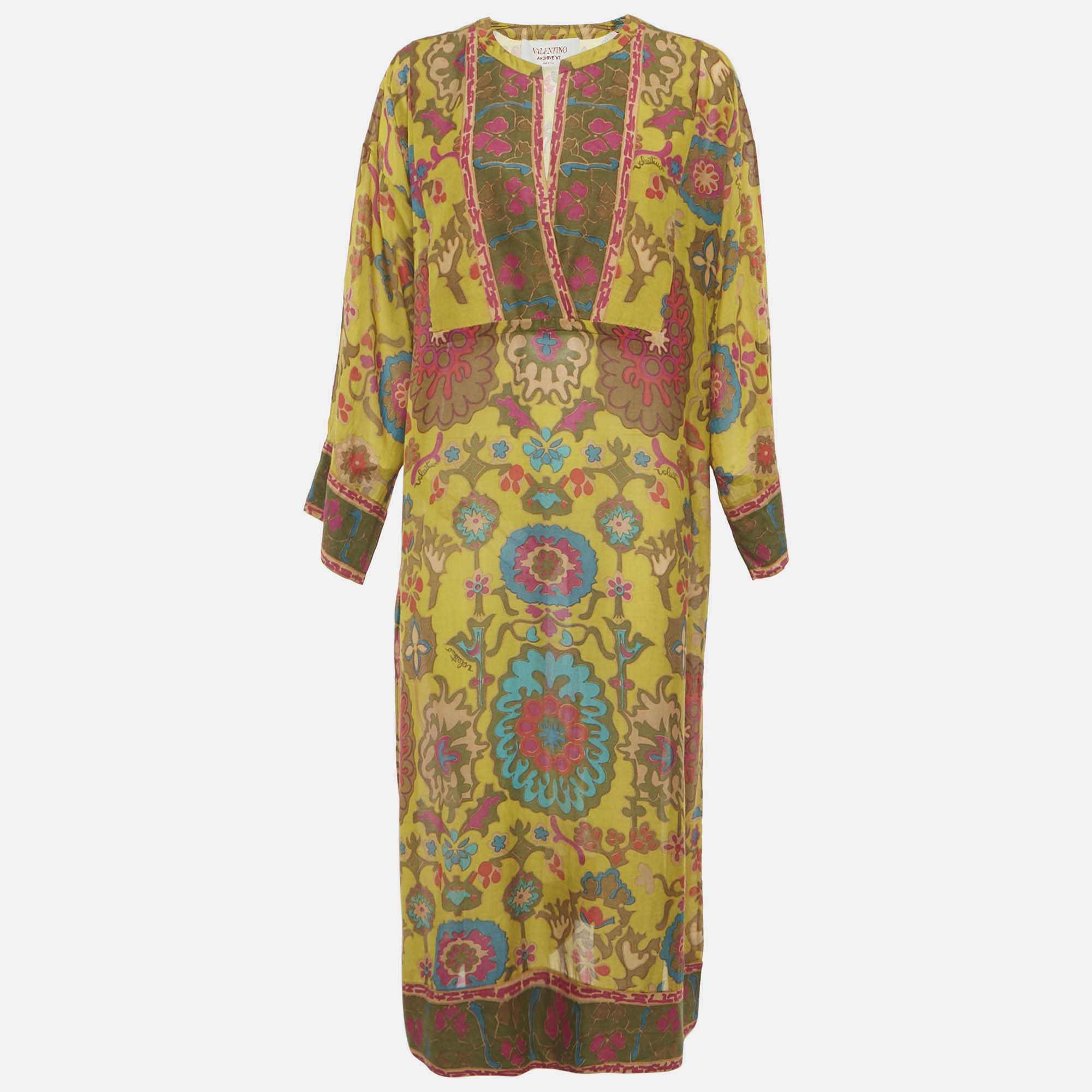 Pre Owned Valentino Multicolor Printed Cotton Blend V-Neck Midi Dress M