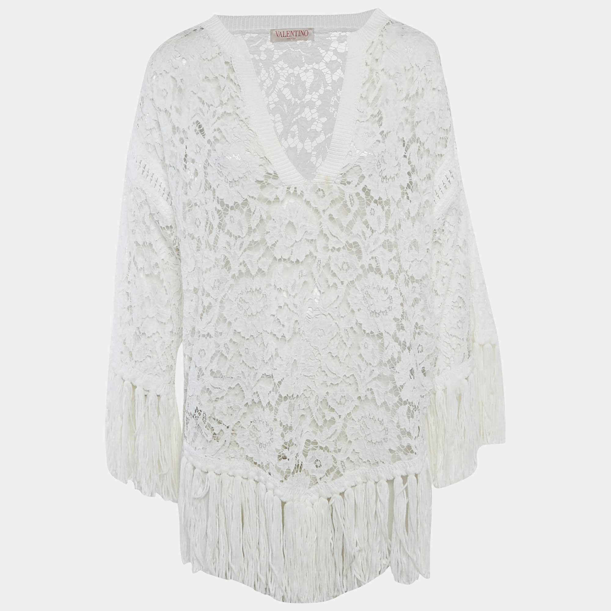 Pre Owned Valentino White Lace Fringed Loose Fit Mini Dress M