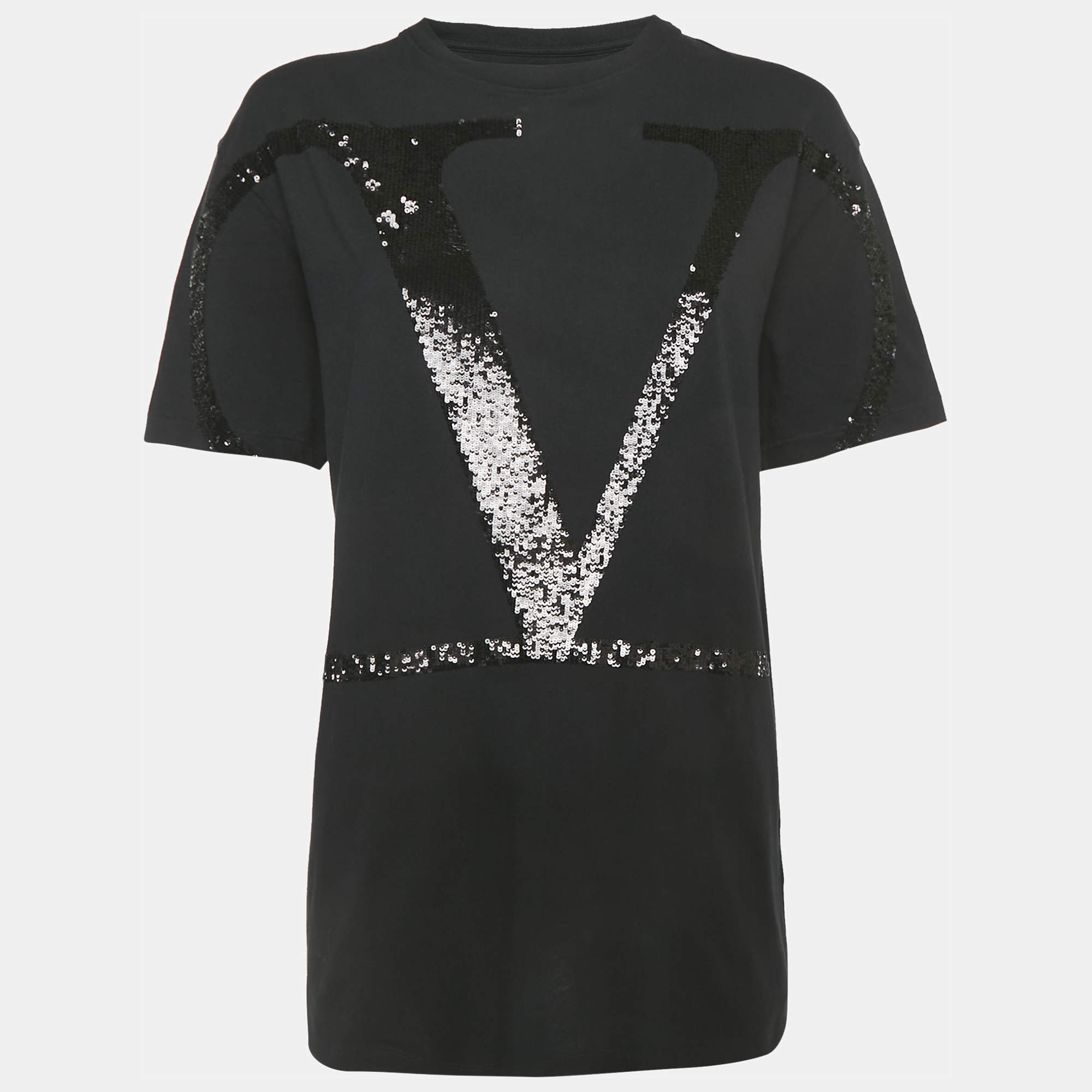 Pre Owned Valentino Black Cotton VLogo Sequence Embellished Crew Neck T-Shirt M 