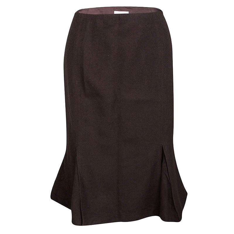 Valentino Brown Wool High Waist Inverted Pleat Skirt L