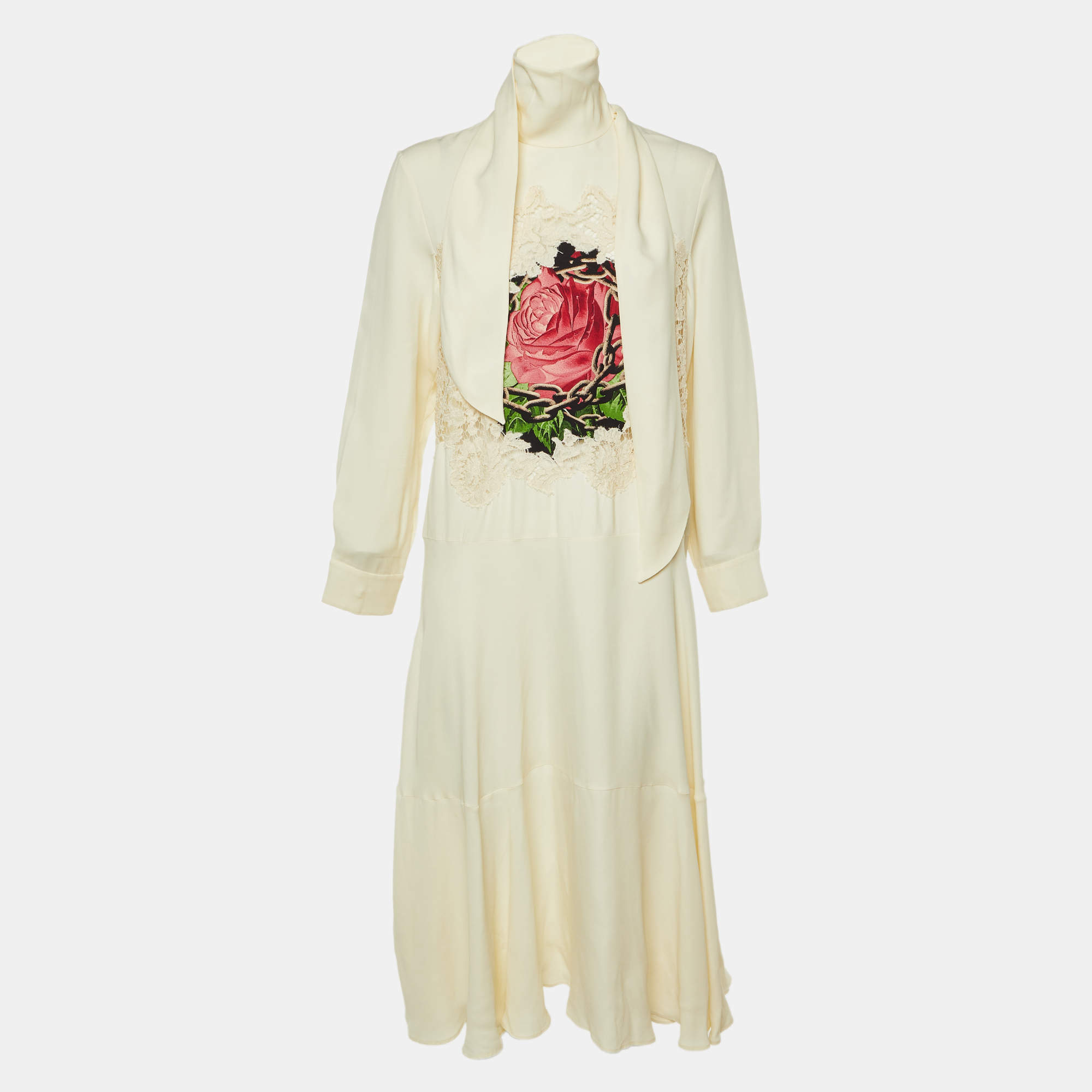 Pre Owned Valentino Cream Crepe Rose Embroidered Midi Dress L