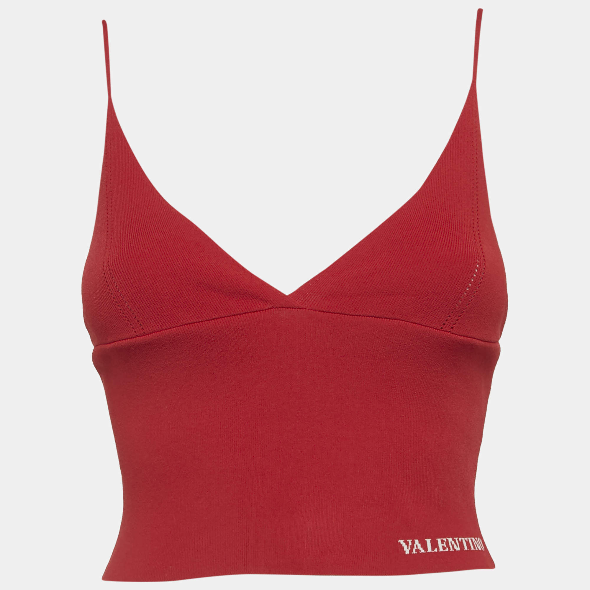 Pre Owned Valentino Red Logo Detail Stretch Knit Crop Top M