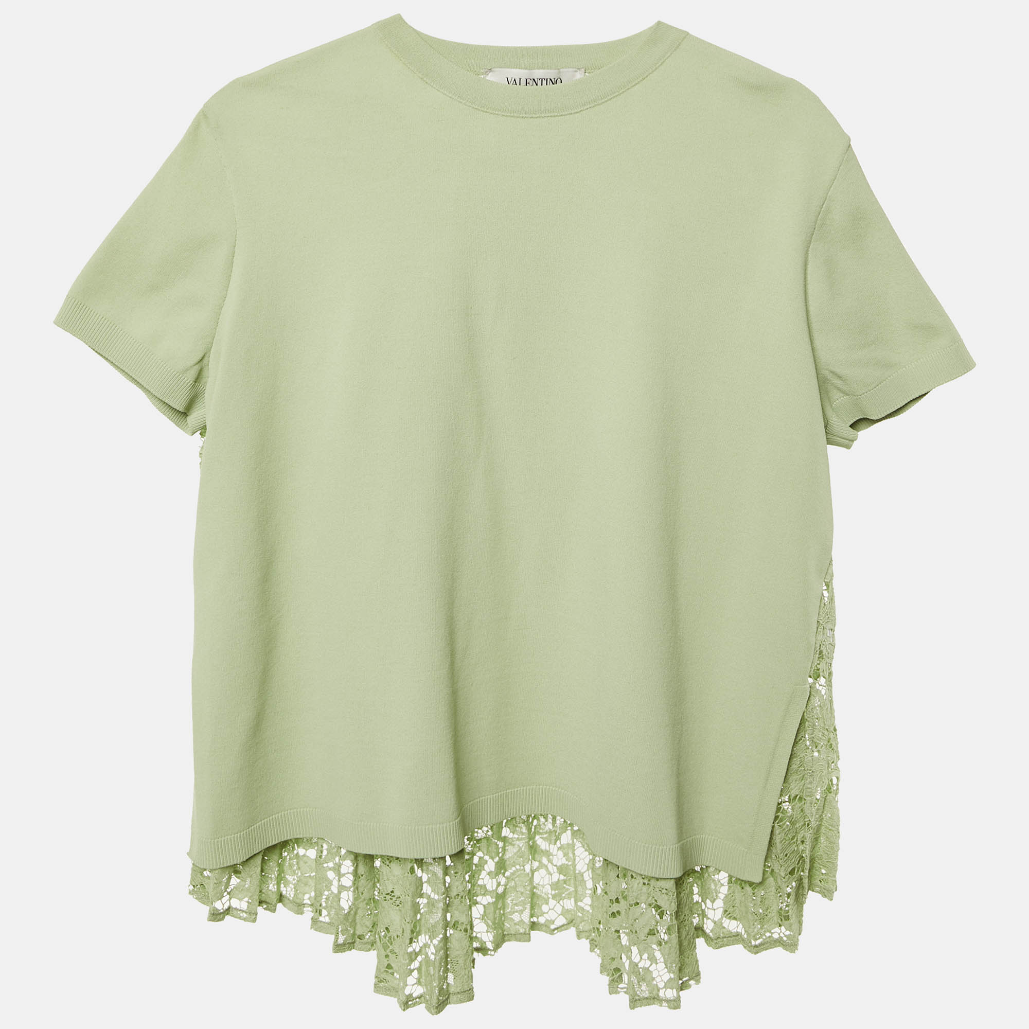 Pre Owned Valentino Green Knit & Lace Flared Blouse M 