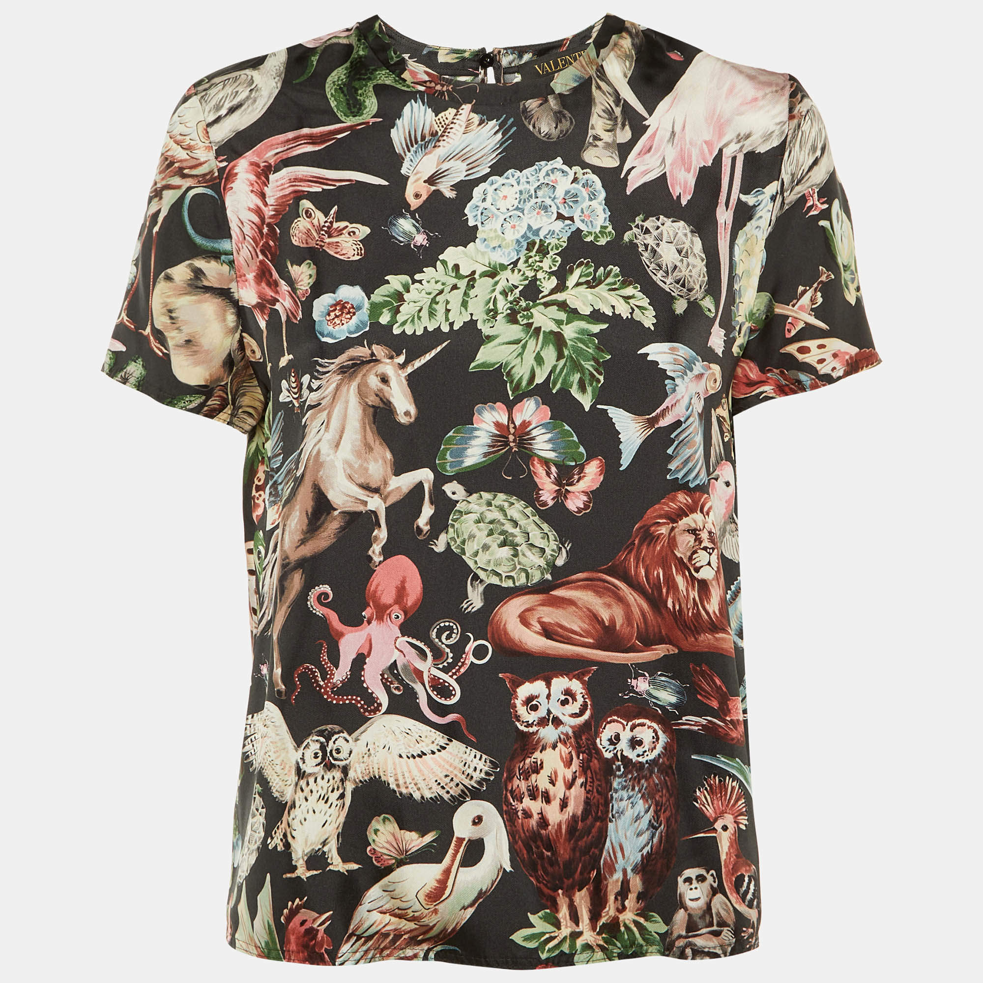 Pre Owned Valentino Black Animal Fantasy Print Silk Top S 