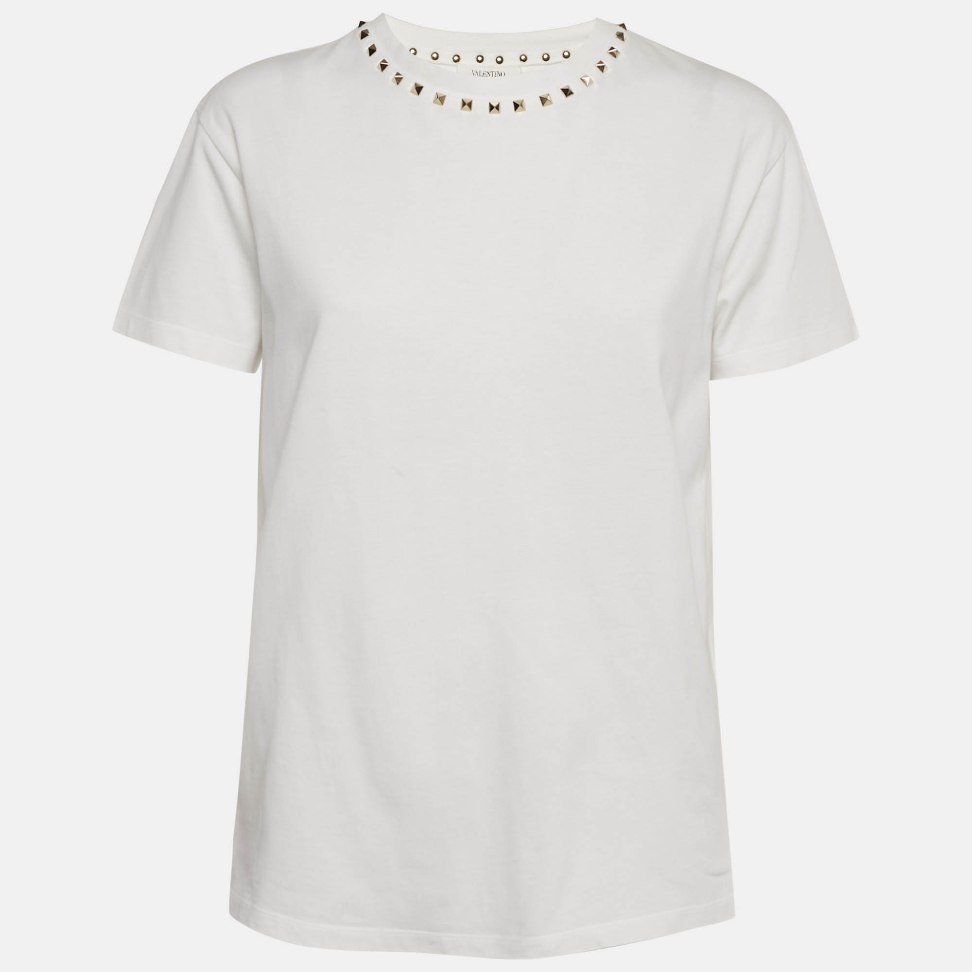 Pre Owned Valentino Garavani White Rockstud Jersey Crewneck T-Shirt S