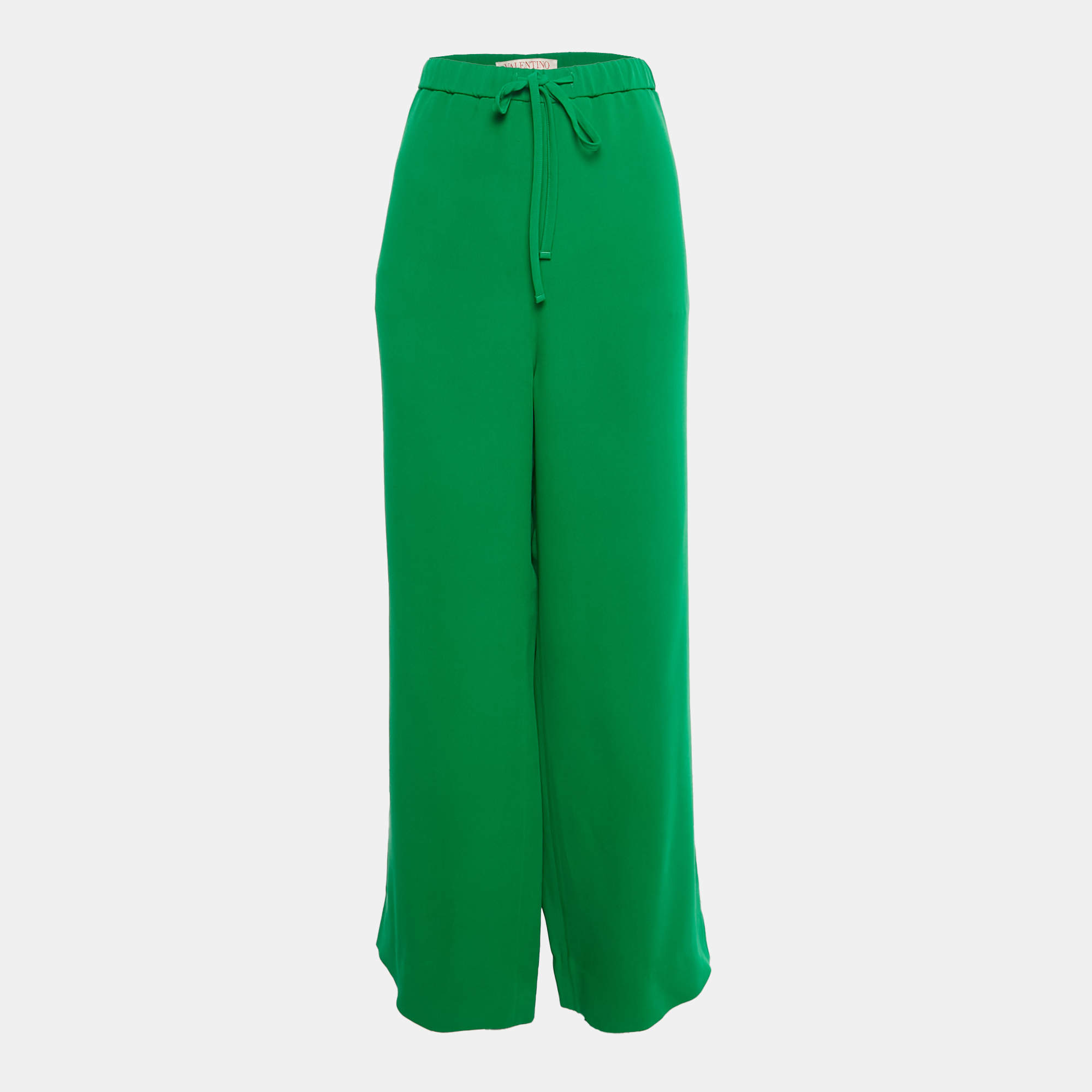 Pre Owned Valentino Green Silk Drawstring Wide Leg Trousers L