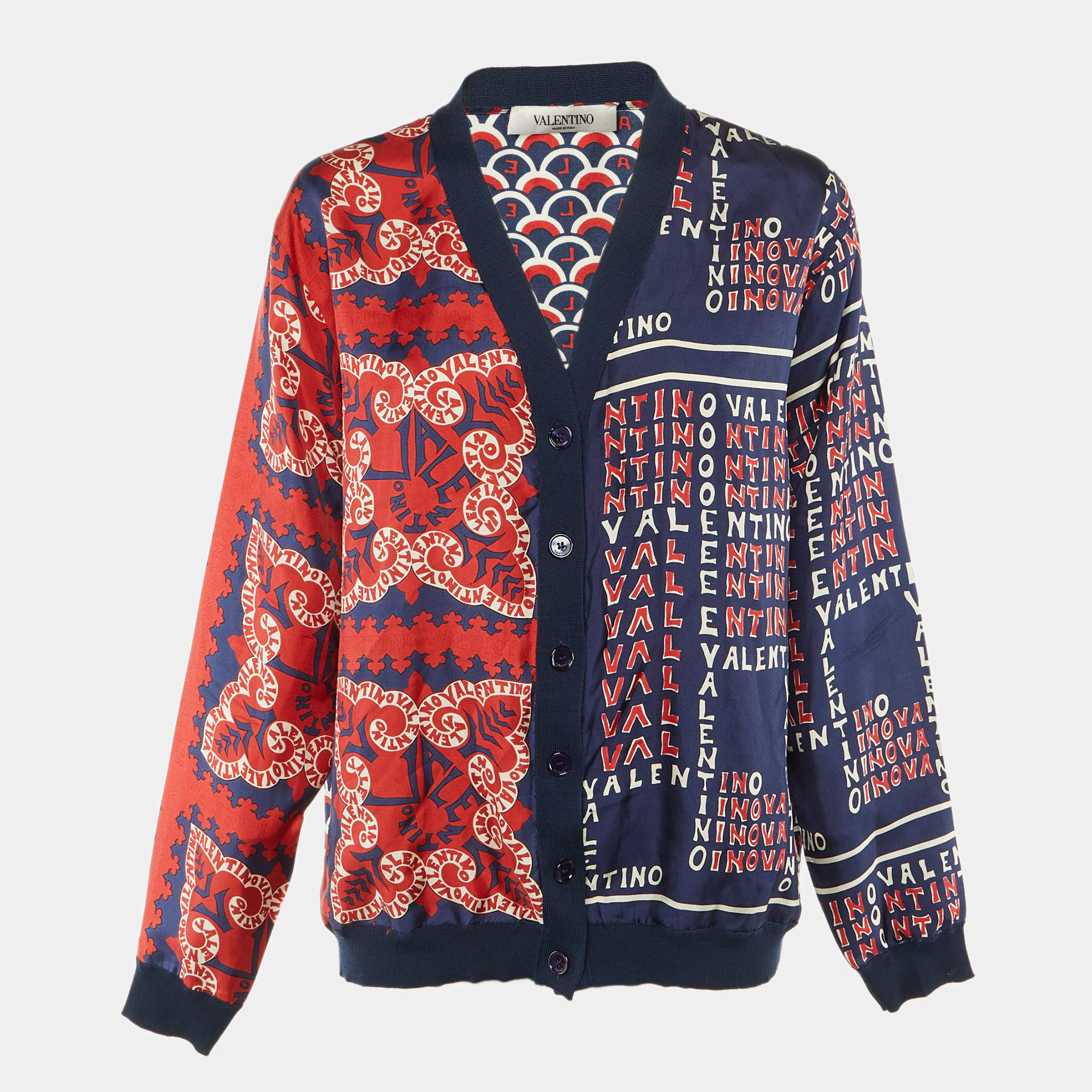 Pre Owned Valentino Navy Blue Printed Silk & Wool Cardigan L
