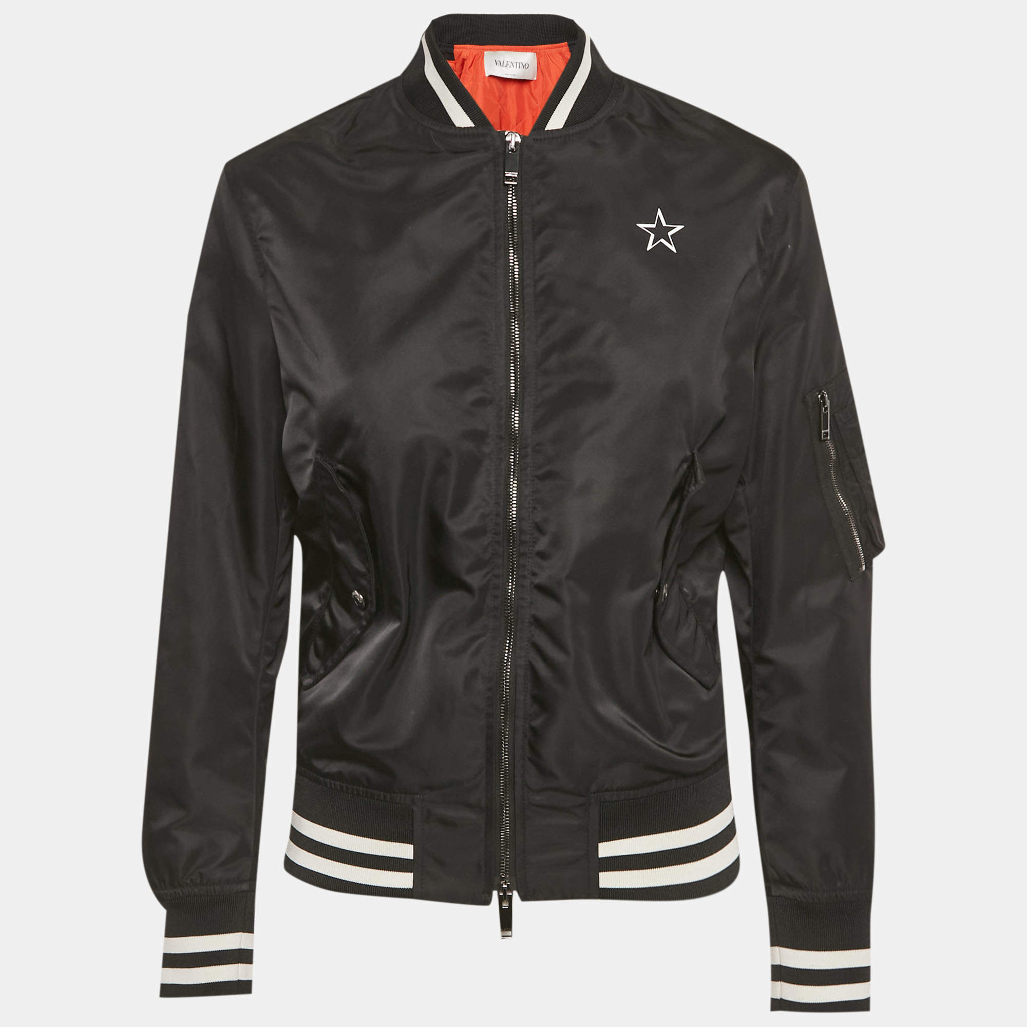 Pre Owned Valentino Black Logo Print Nylon Bomber Jacket S