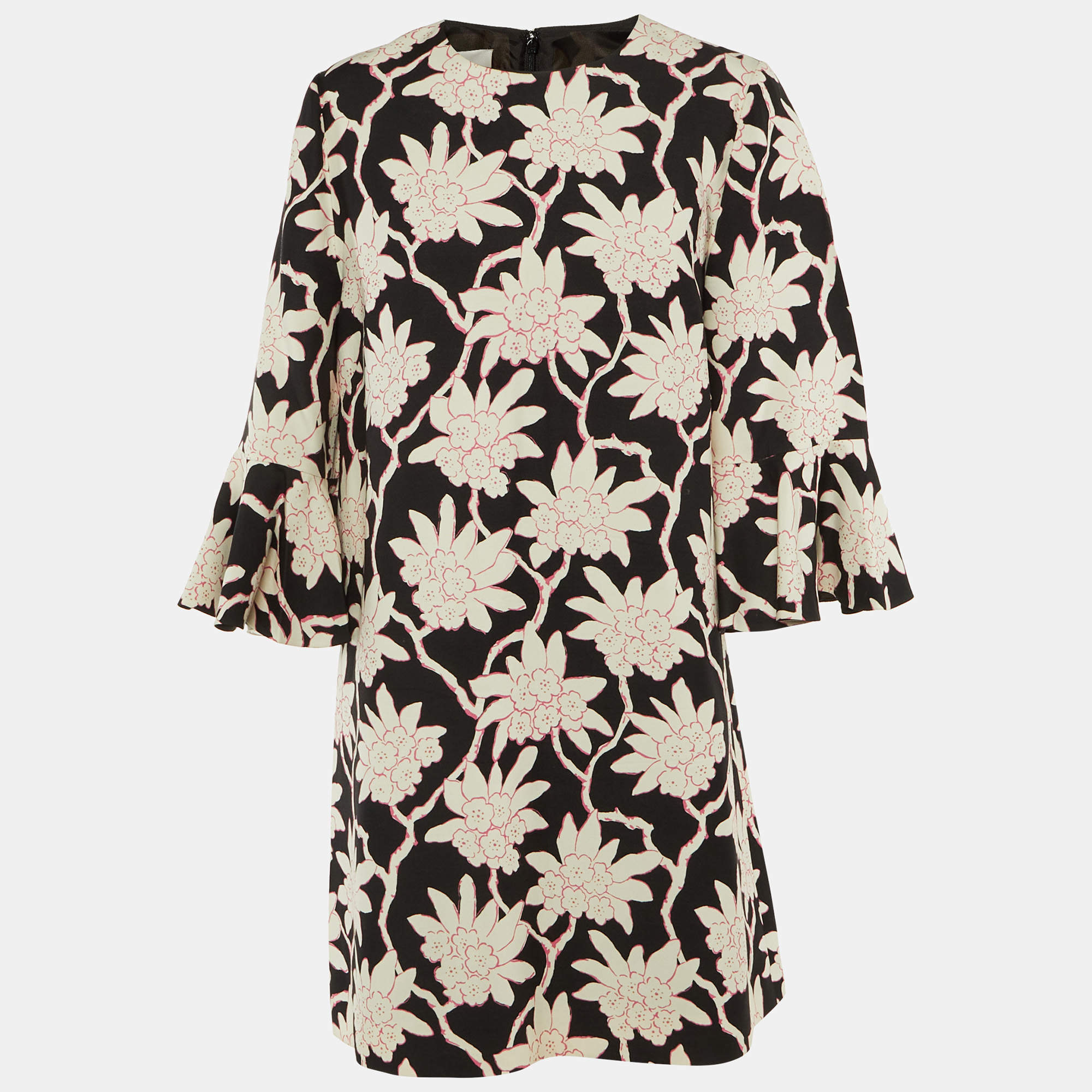 Pre Owned Valentino Black Floral Print Wool & Silk Shift Dress XL