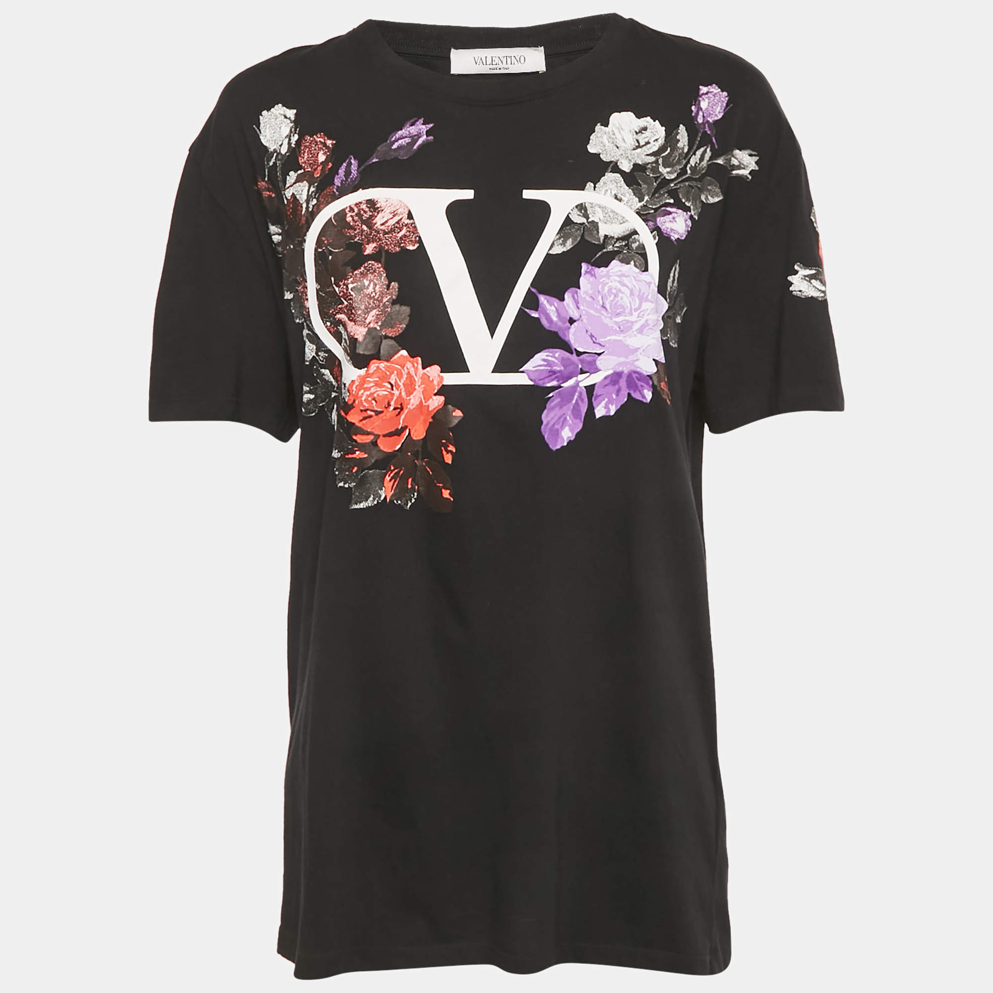 Pre Owned Valentino Black Floral V Logo Print Cotton T-Shirt L
