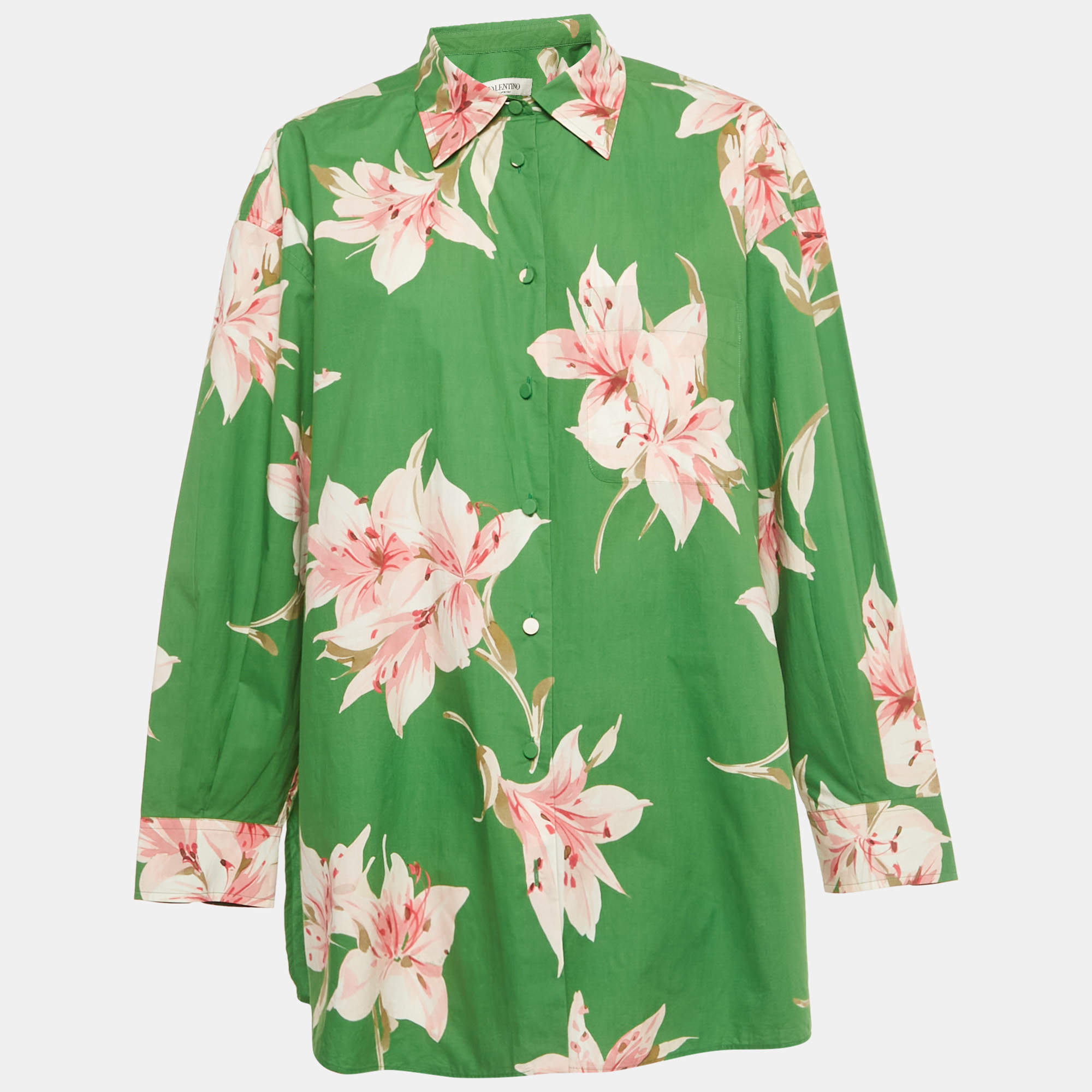 Pre Owned Valentino Green Floral Print Cotton Oversized Shirt S