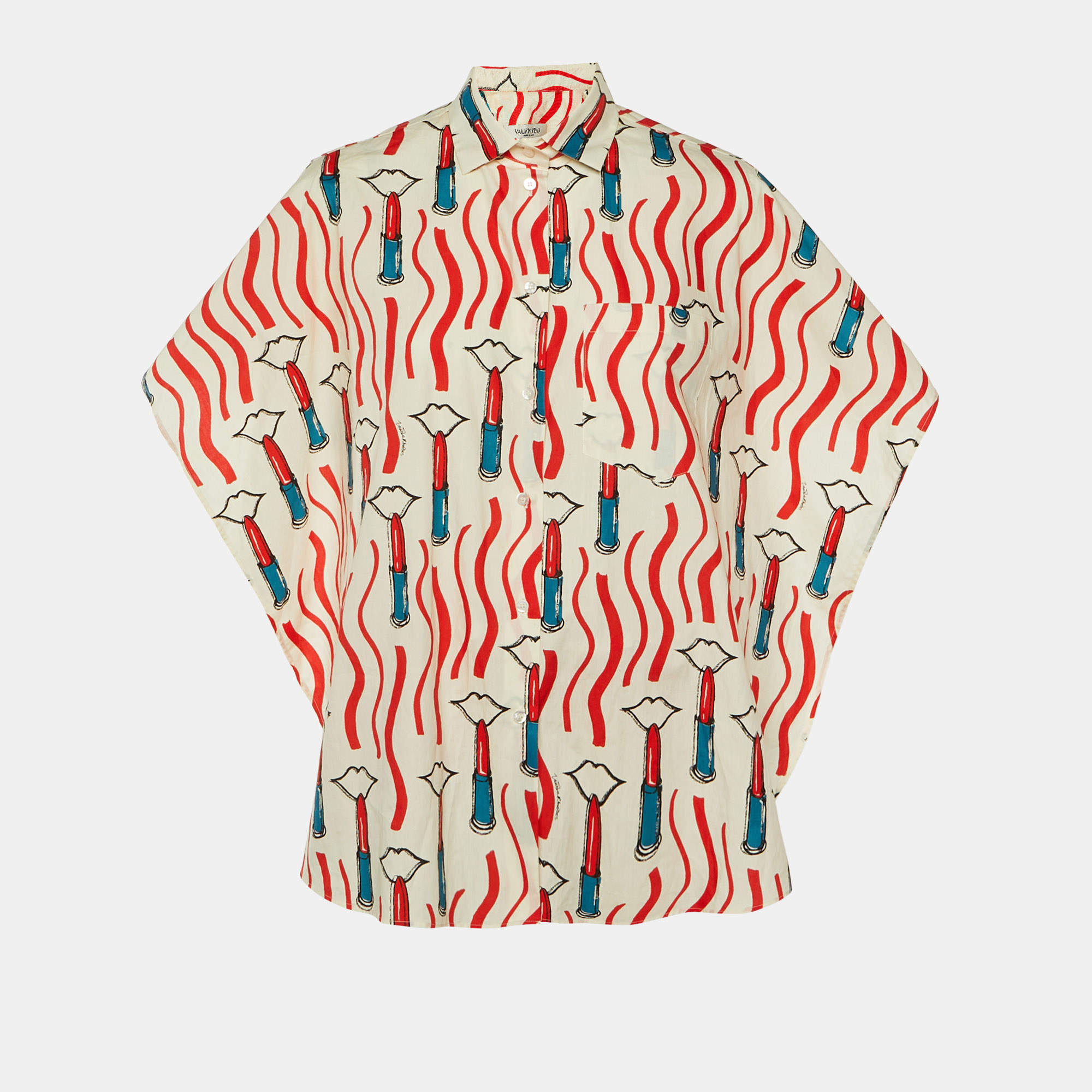 Pre Owned توب فالنتينو قطن أبيض بطبعة أحمر شفاه مربوط من الأمام مقاس متوسط (ميديوم)