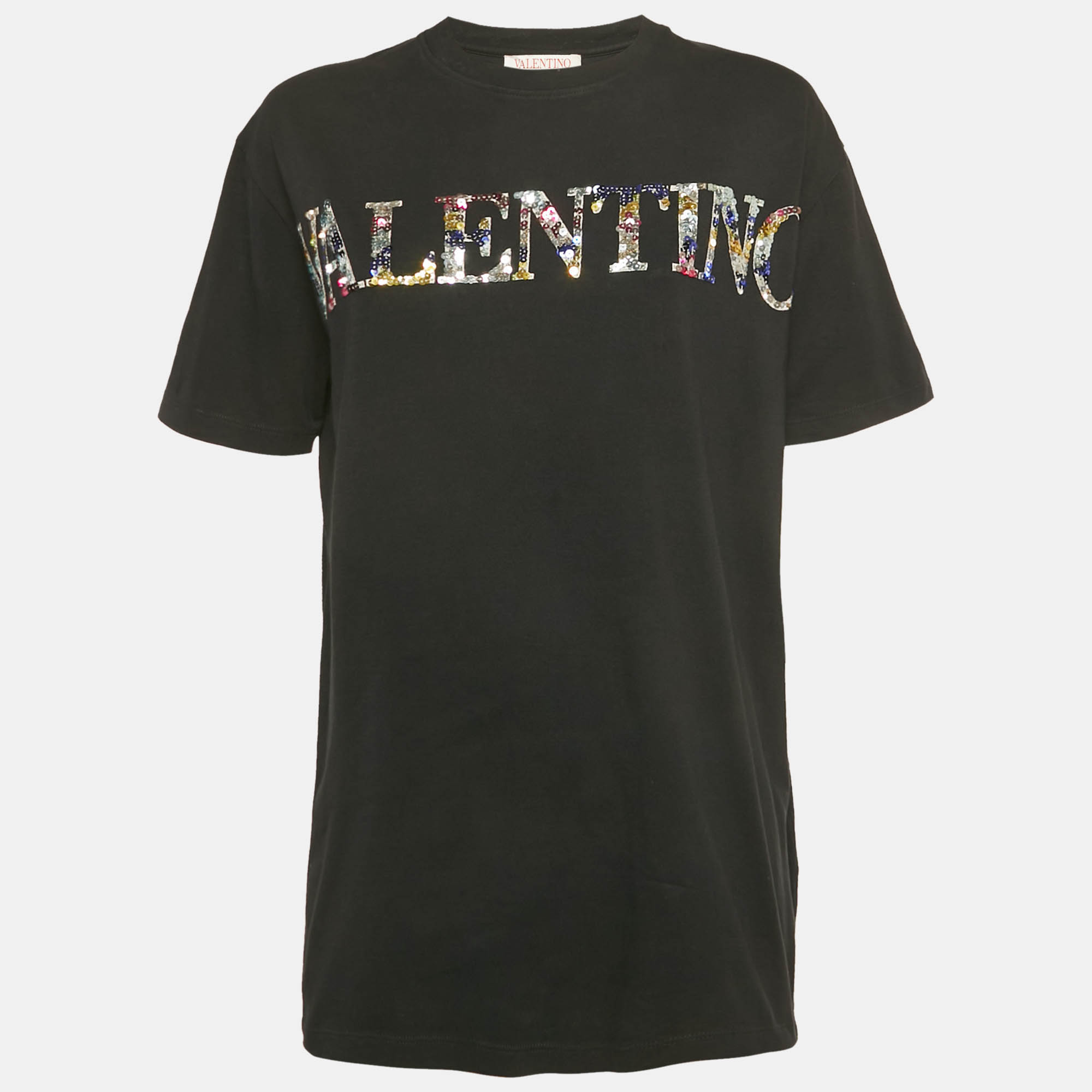 Pre Owned Valentino Black Sequined Cotton Half Sleeve T-Shirt M