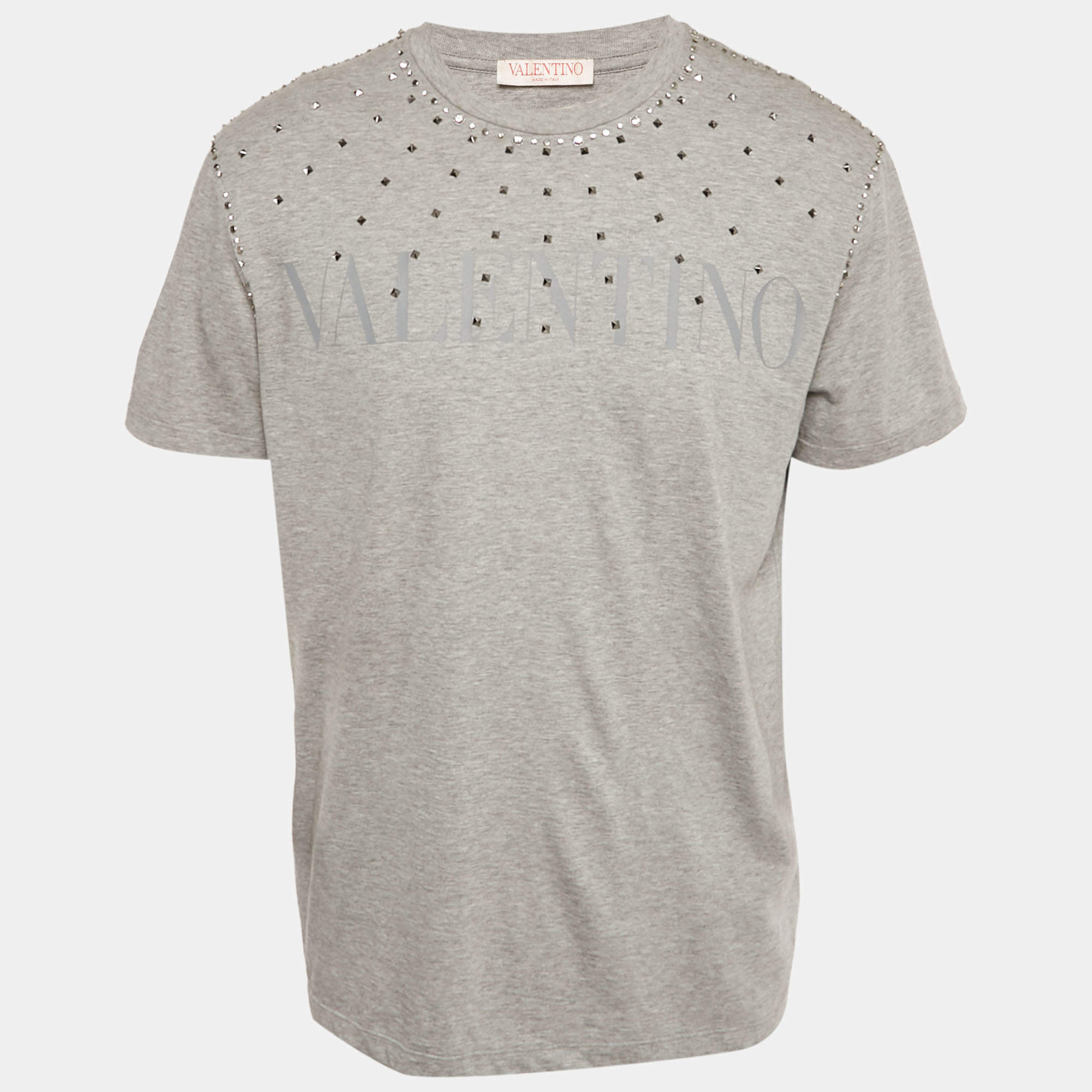 Pre Owned Valentino Grey Logo Printed Cotton nit Embellished Detail T-Shirt L